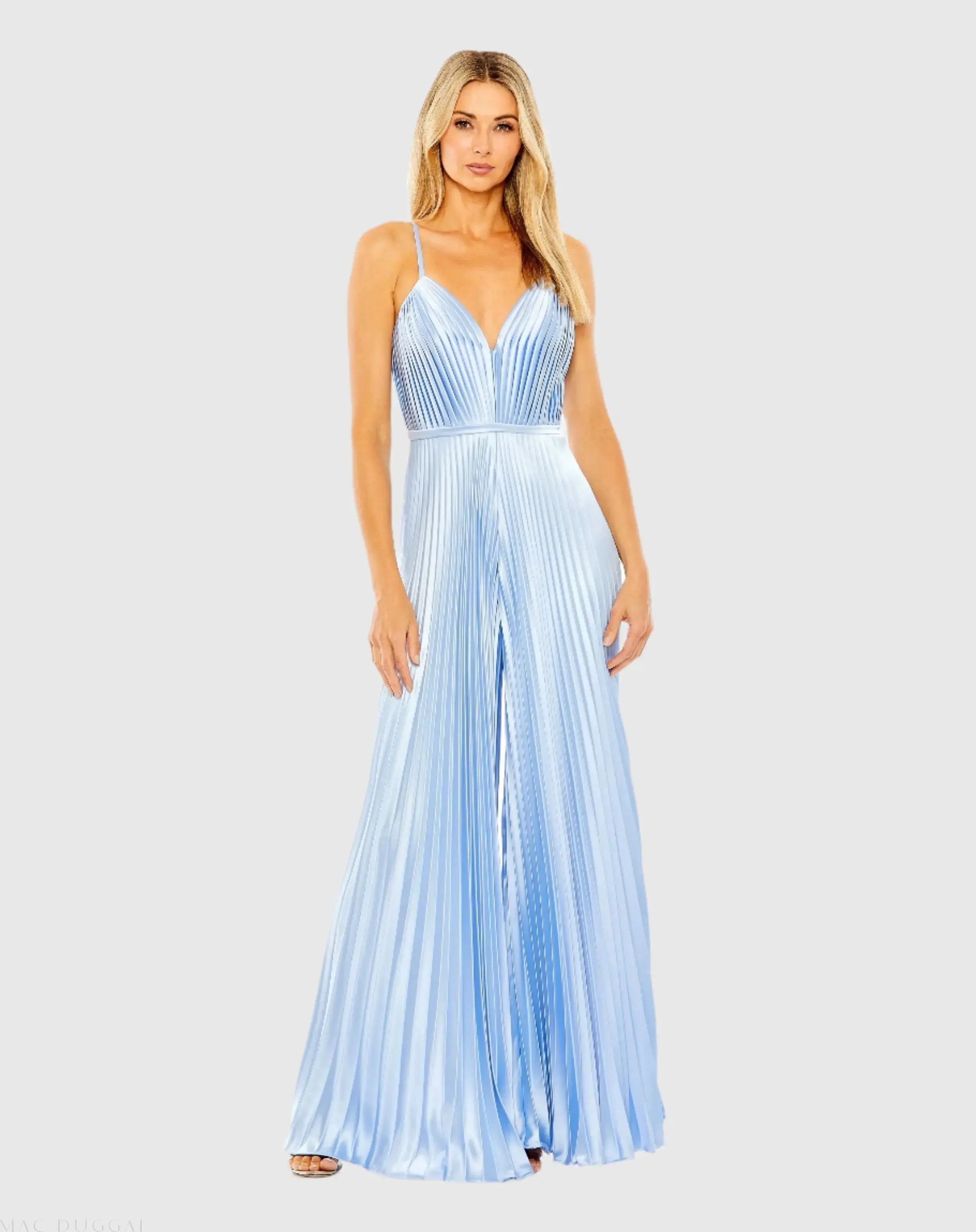 Light Blue Pleated Plunge Neck Wide Leg Jumpsuit - Mac Duggal
