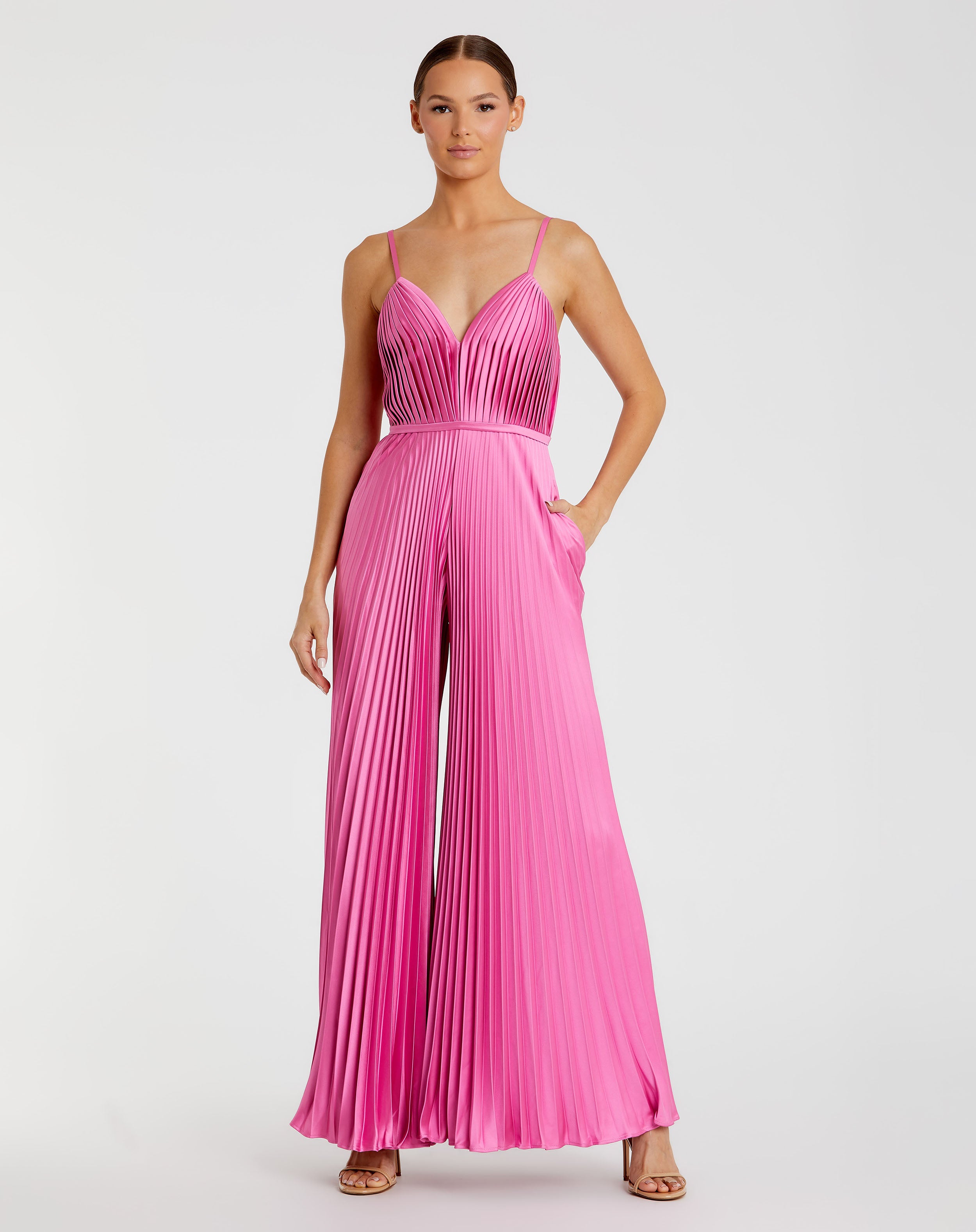 Pleated Plunge Neck Wide Leg Jumpsuit