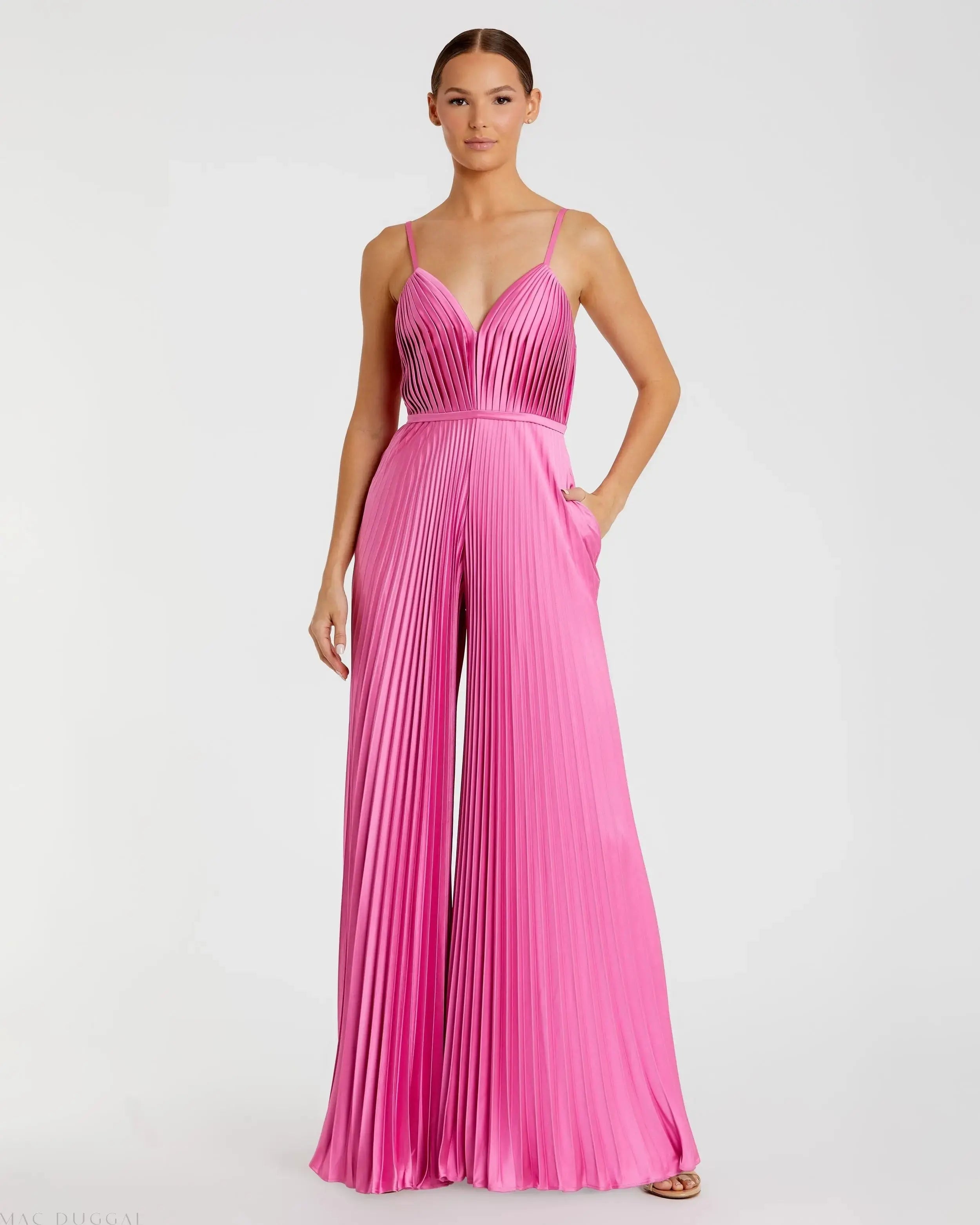 Pink Pleated Plunge Neck Wide Leg Jumpsuit - Mac Duggal