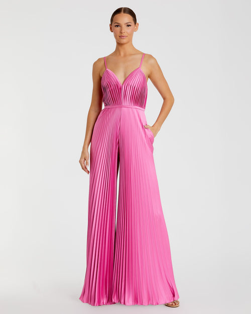 Pink Pleated Plunge Neck Wide Leg Jumpsuit