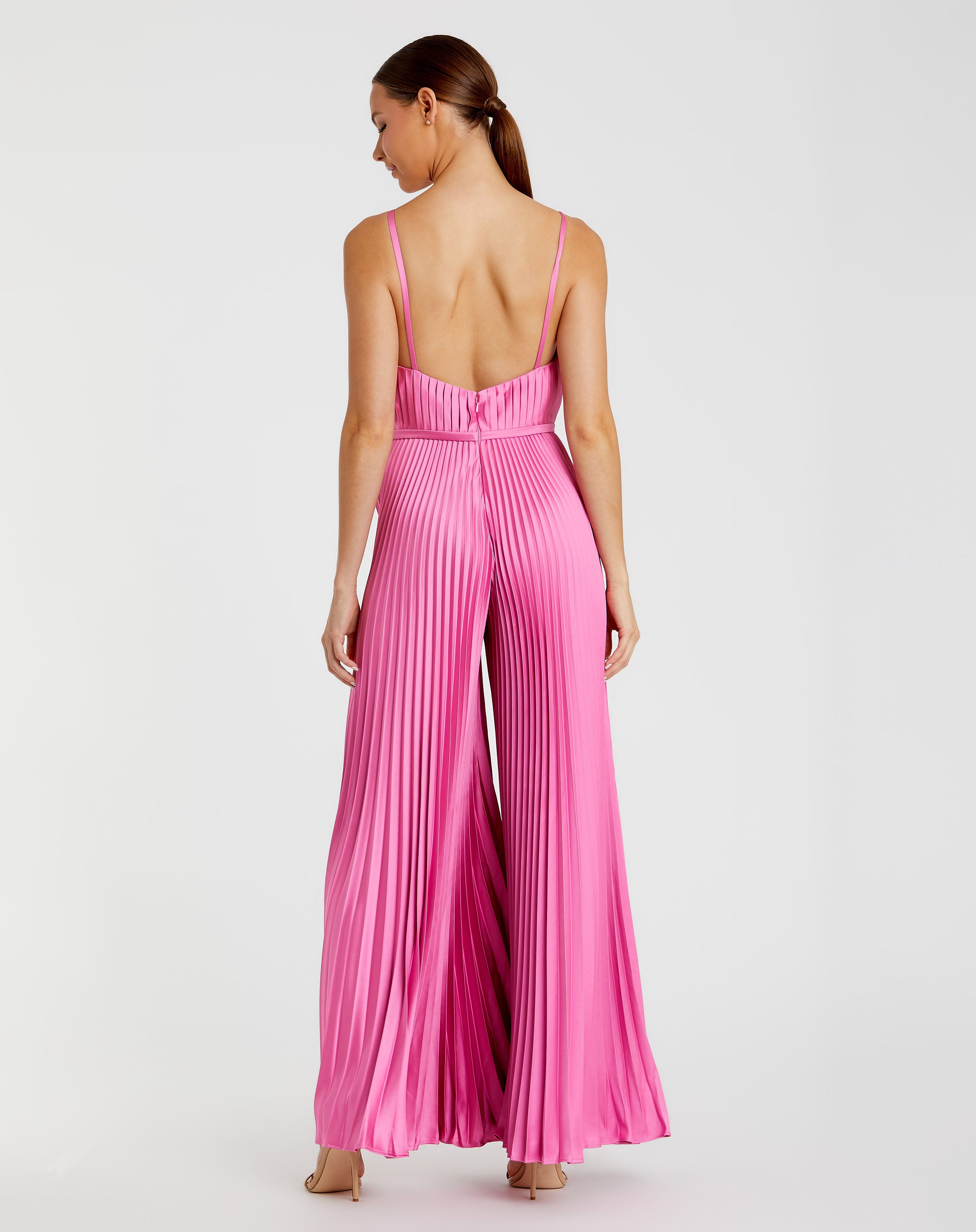 Pleated Plunge Neck Wide Leg Jumpsuit