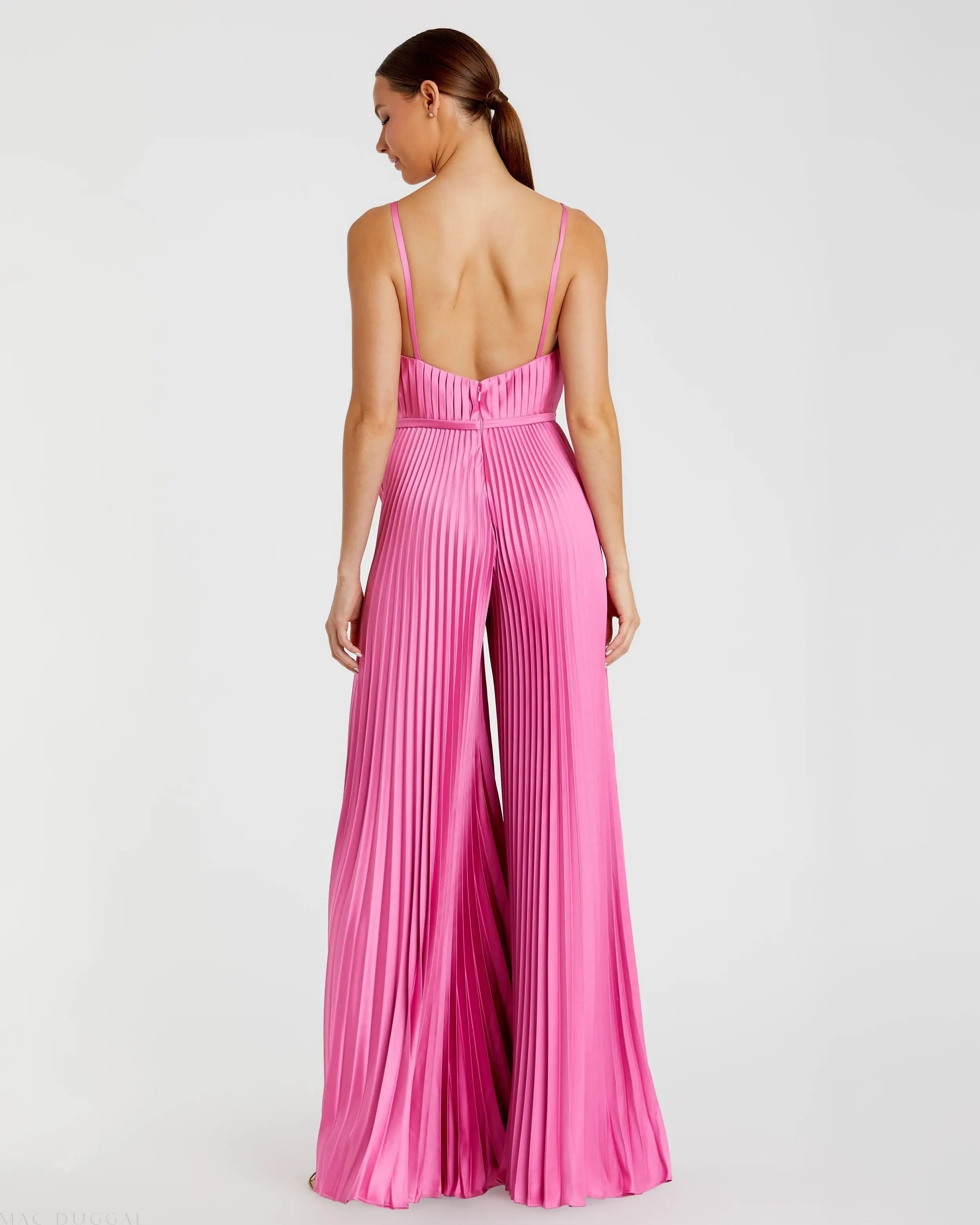 Pink Pleated Plunge Neck Wide Leg Jumpsuit - Mac Duggal
