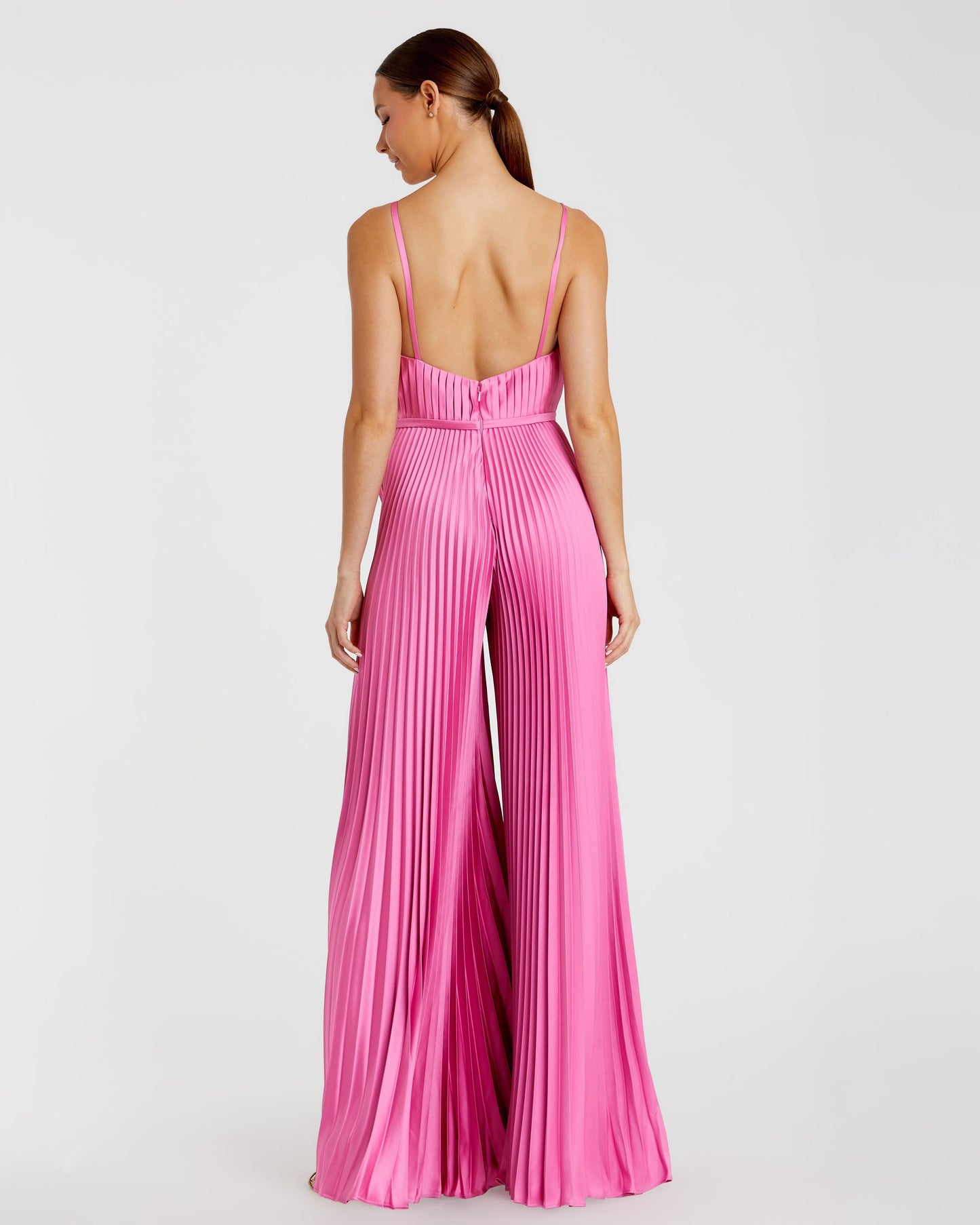 Pink Pleated Plunge Neck Wide Leg Jumpsuit