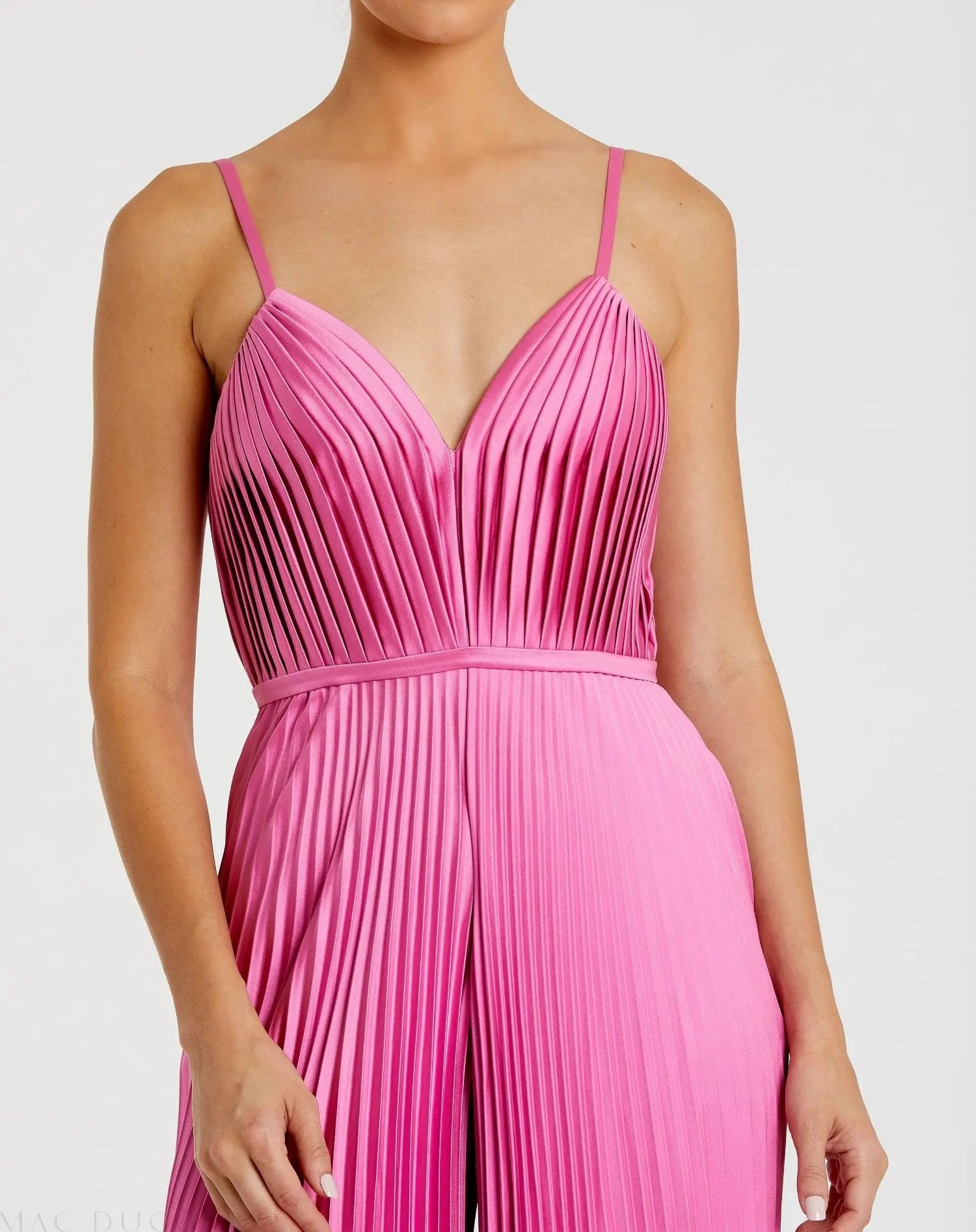 Pink Pleated Plunge Neck Wide Leg Jumpsuit - Mac Duggal