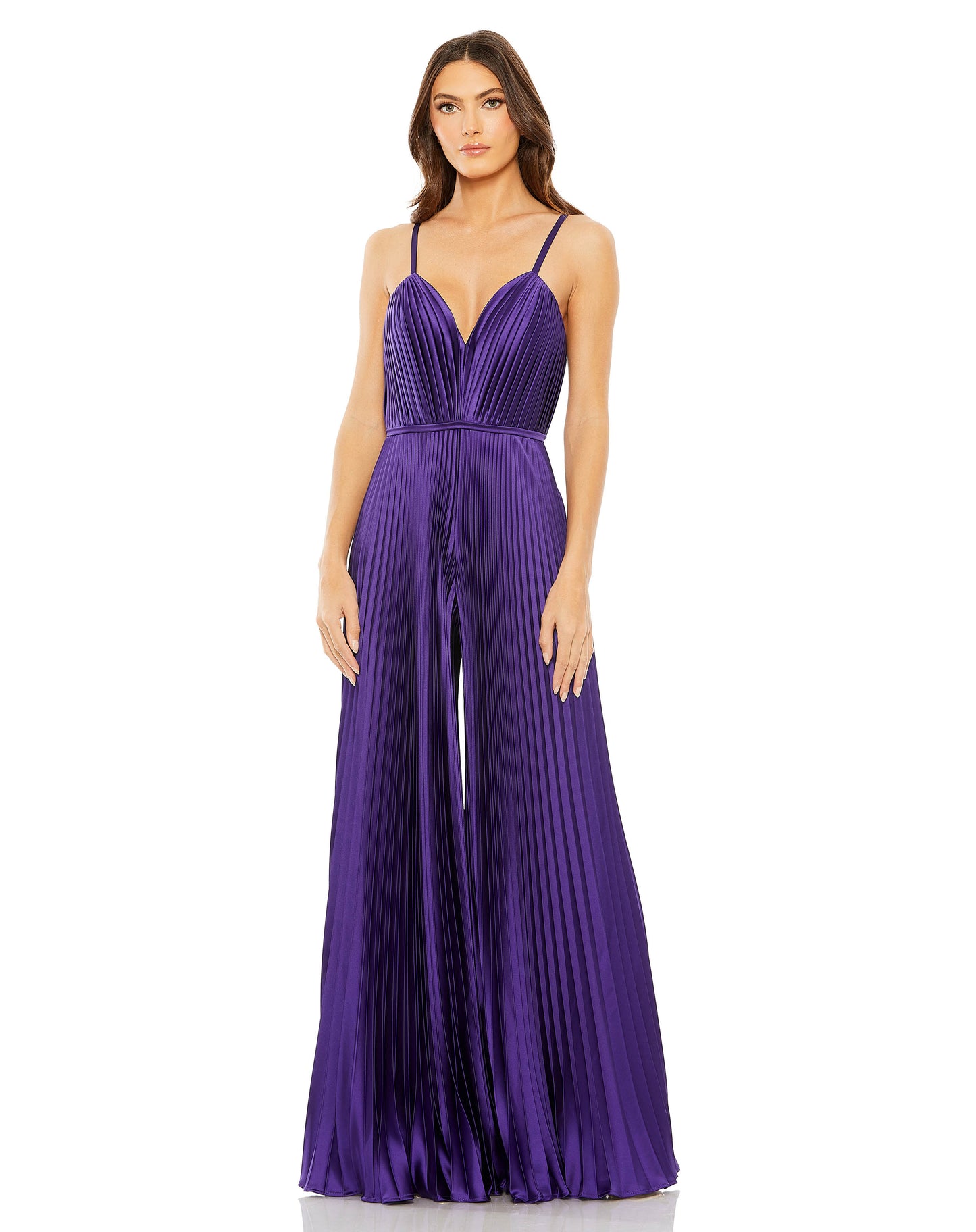 Pleated Plunge Neck Wide Leg Jumpsuit