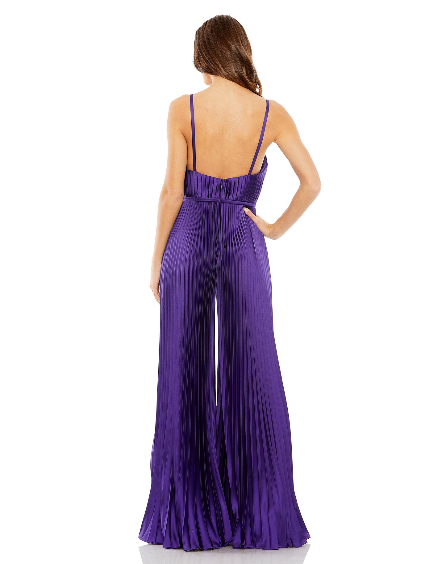 Pleated Plunge Neck Wide Leg Jumpsuit