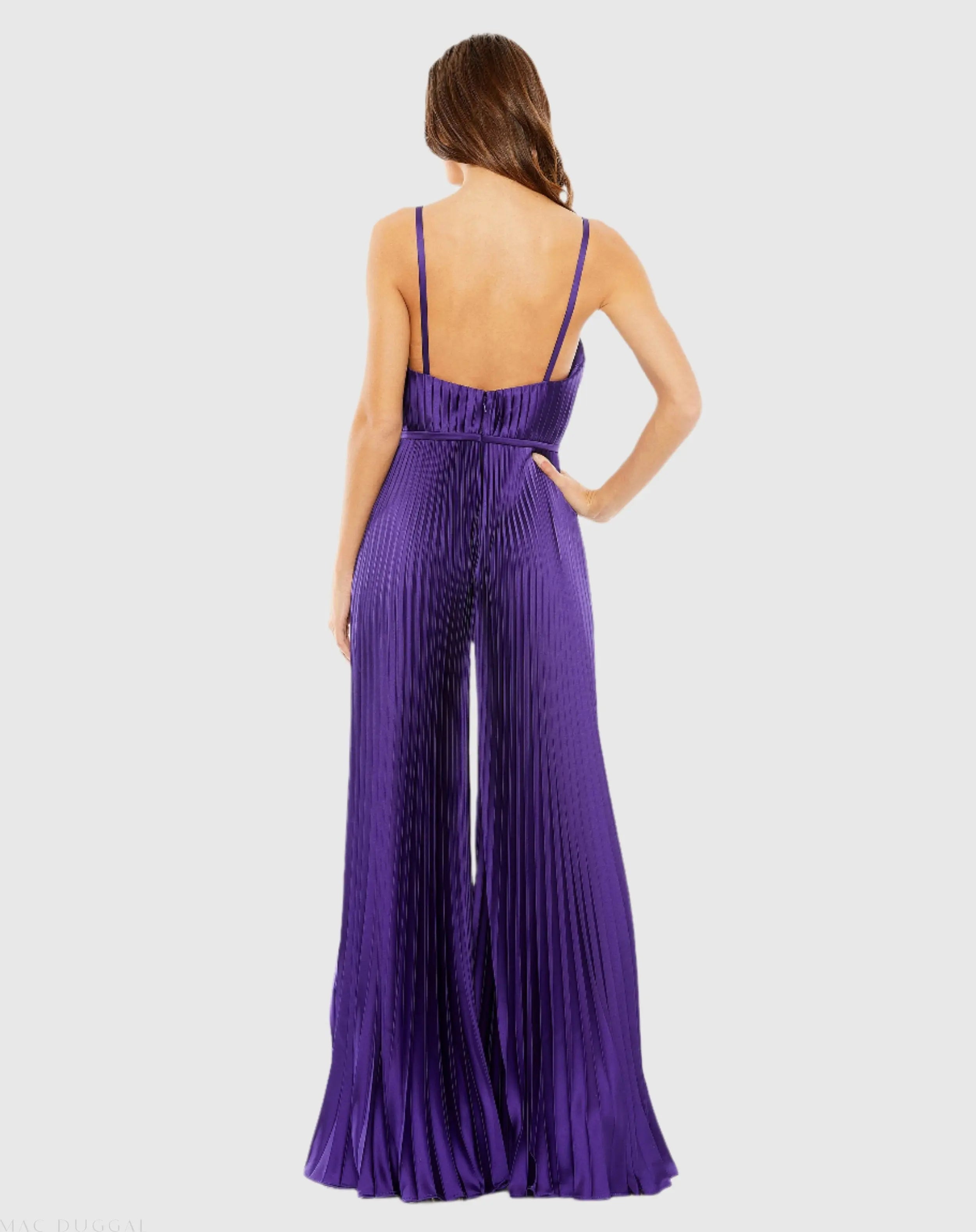 Purple Pleated Plunge Neck Wide Leg Jumpsuit - Mac Duggal