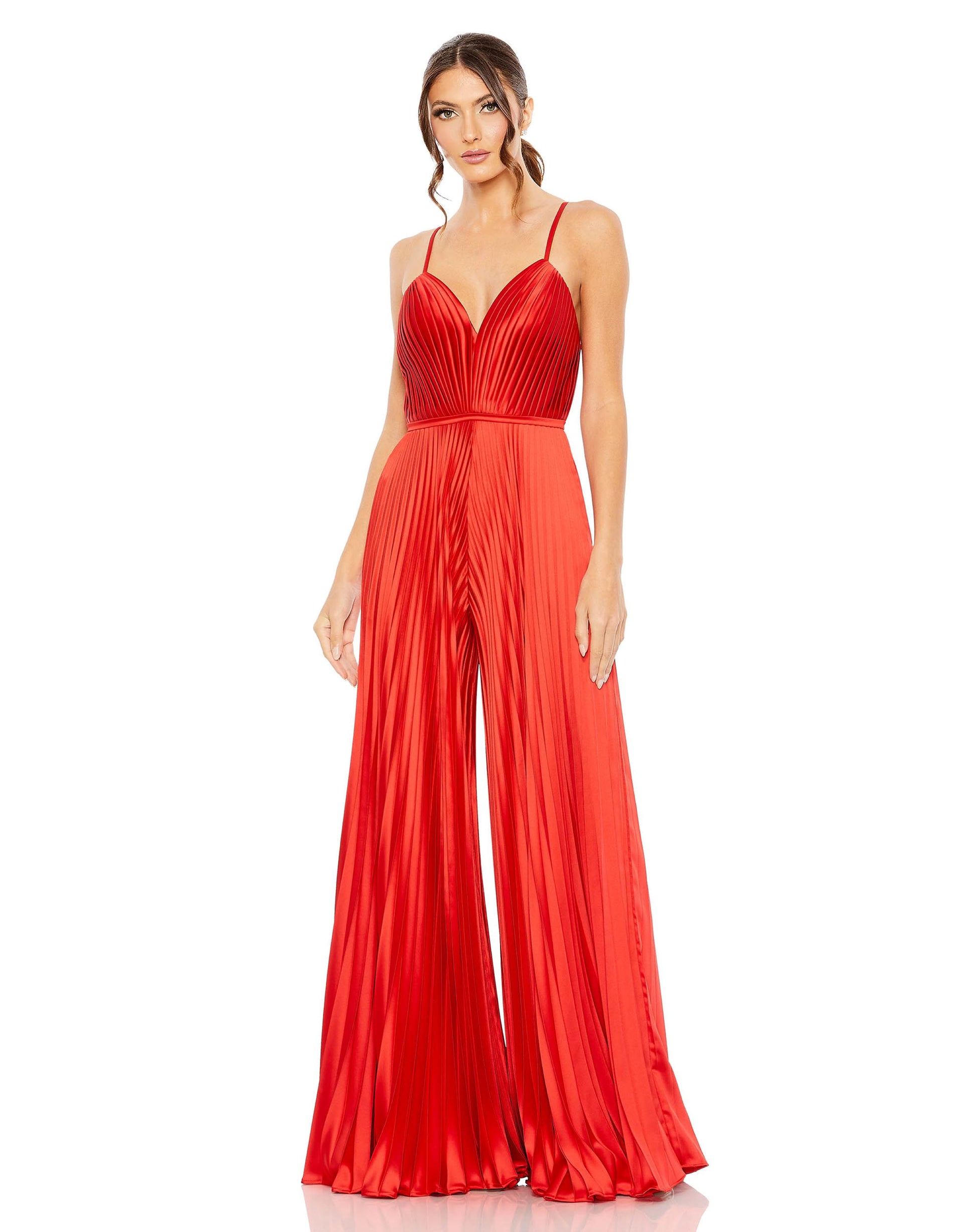 Pleated Plunge Neck Wide Leg Jumpsuit