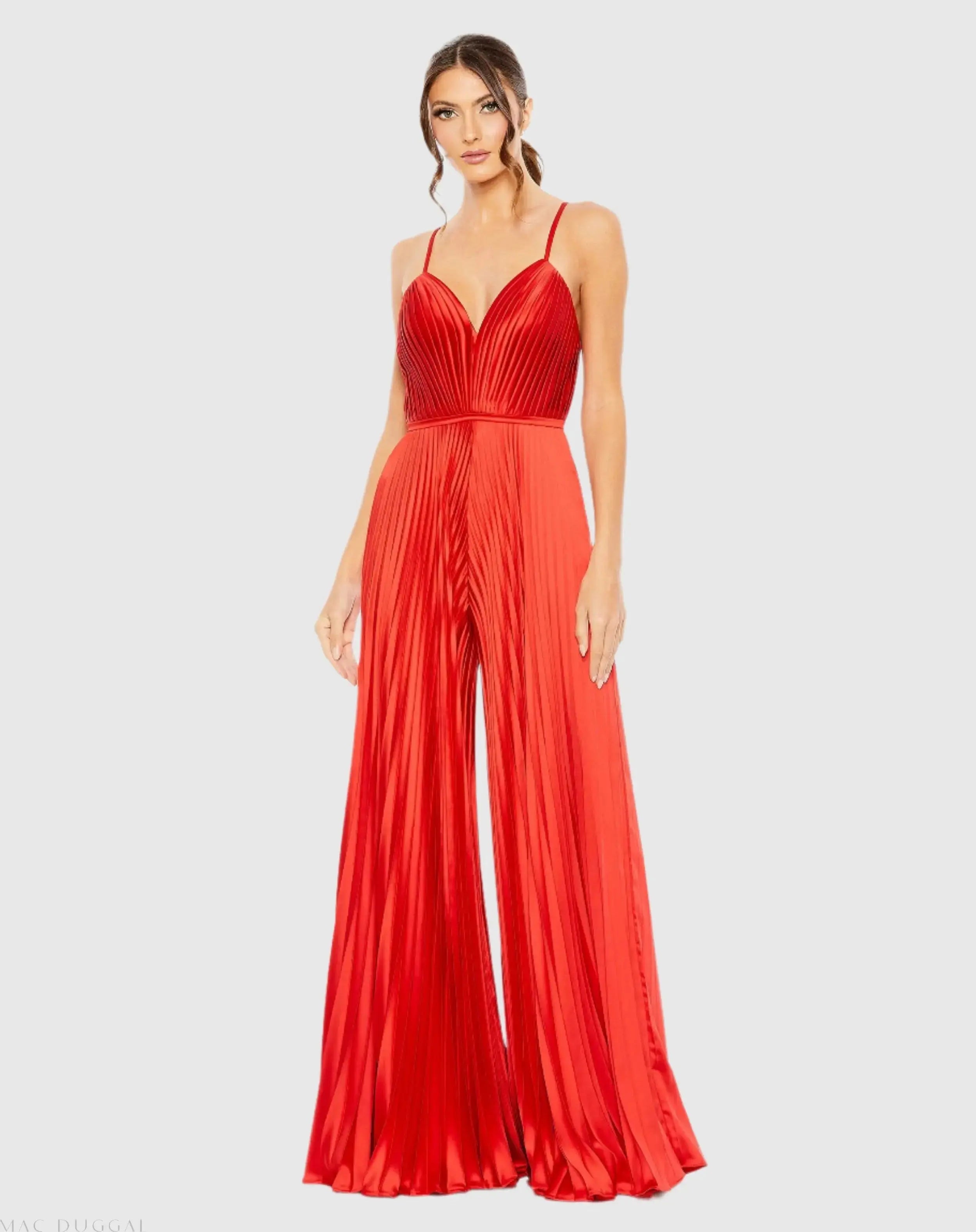 Pleated Plunge Neck Wide Leg Jumpsuit