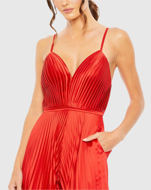 Pleated Plunge Neck Wide Leg Jumpsuit