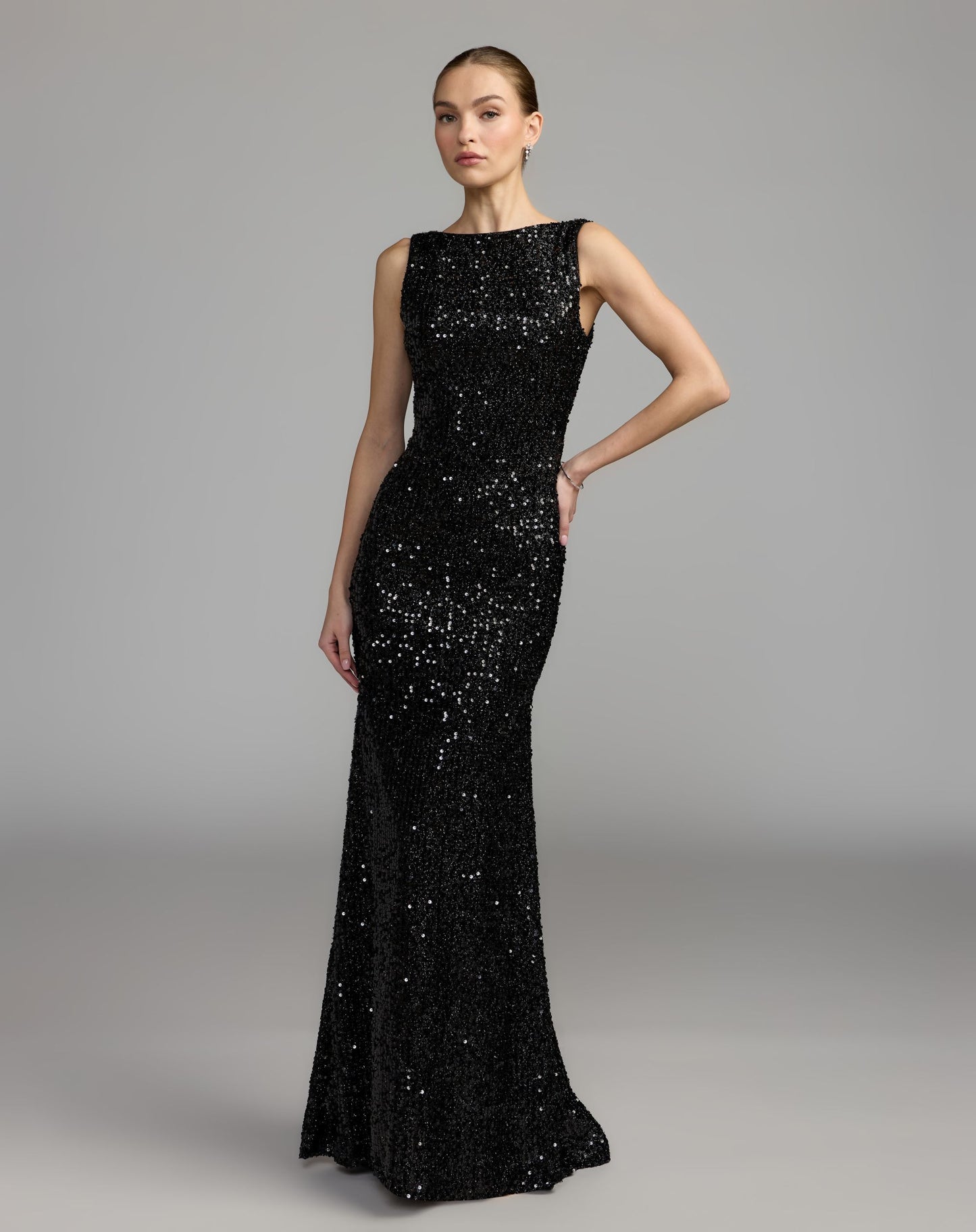 Black Cowl Back Boat Neck Sequined Evening Gown - Ieena for Mac Duggal