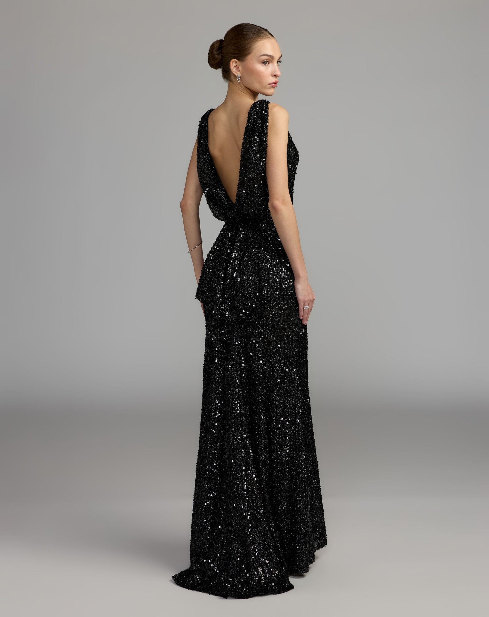 Black Cowl Back Boat Neck Sequined Evening Gown - Ieena for Mac Duggal