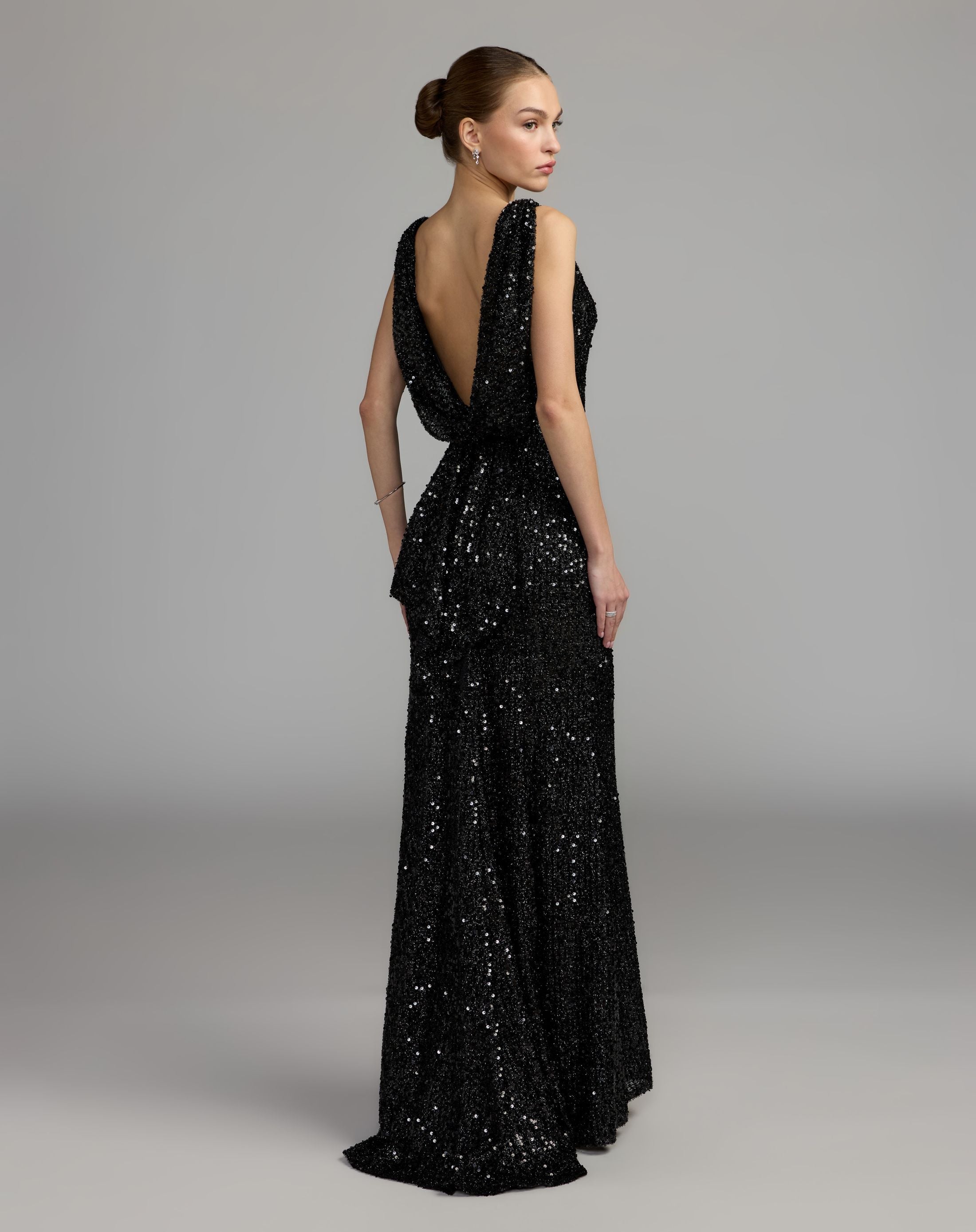 Black Cowl Back Boat Neck Sequined Evening Gown - Ieena for Mac Duggal