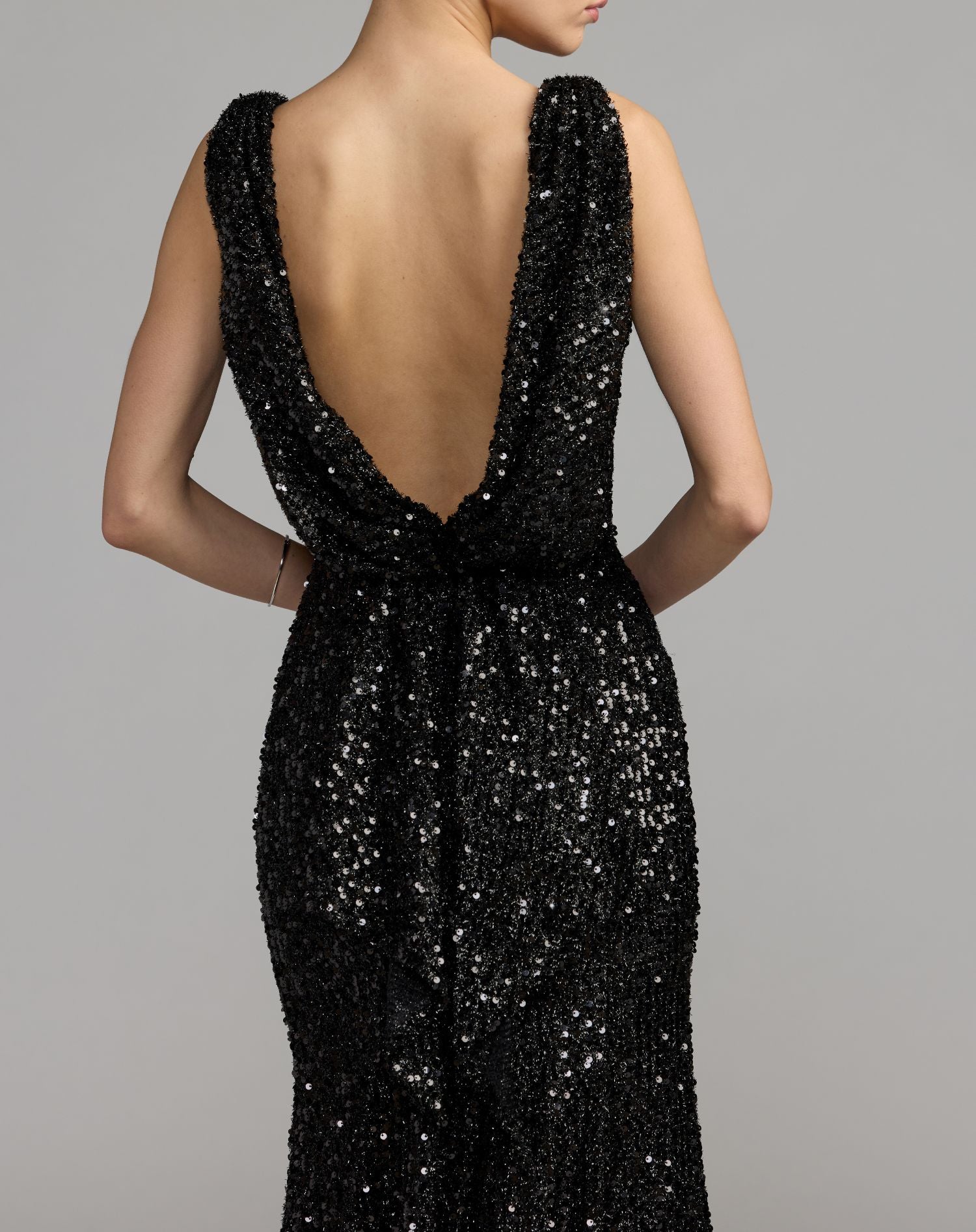Black Cowl Back Boat Neck Sequined Evening Gown - Ieena for Mac Duggal