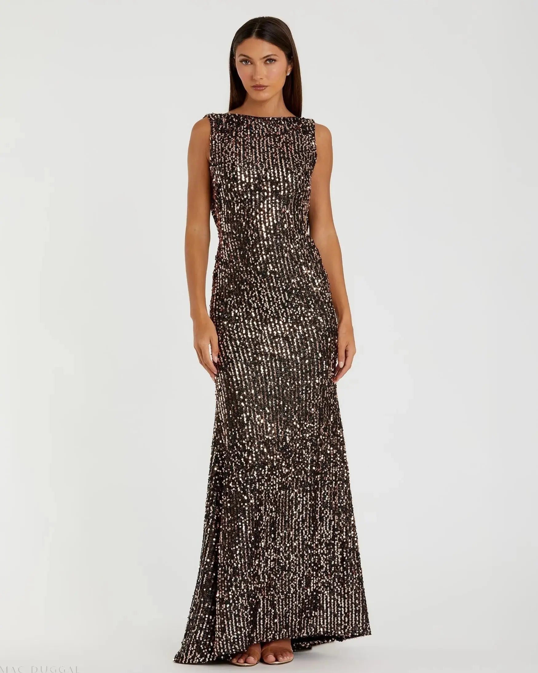 Brown Cowl Back Boat Neck Sequined Evening Gown - Mac Duggal
