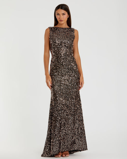 Cowl Back Boat Neck Sequined Evening Gown