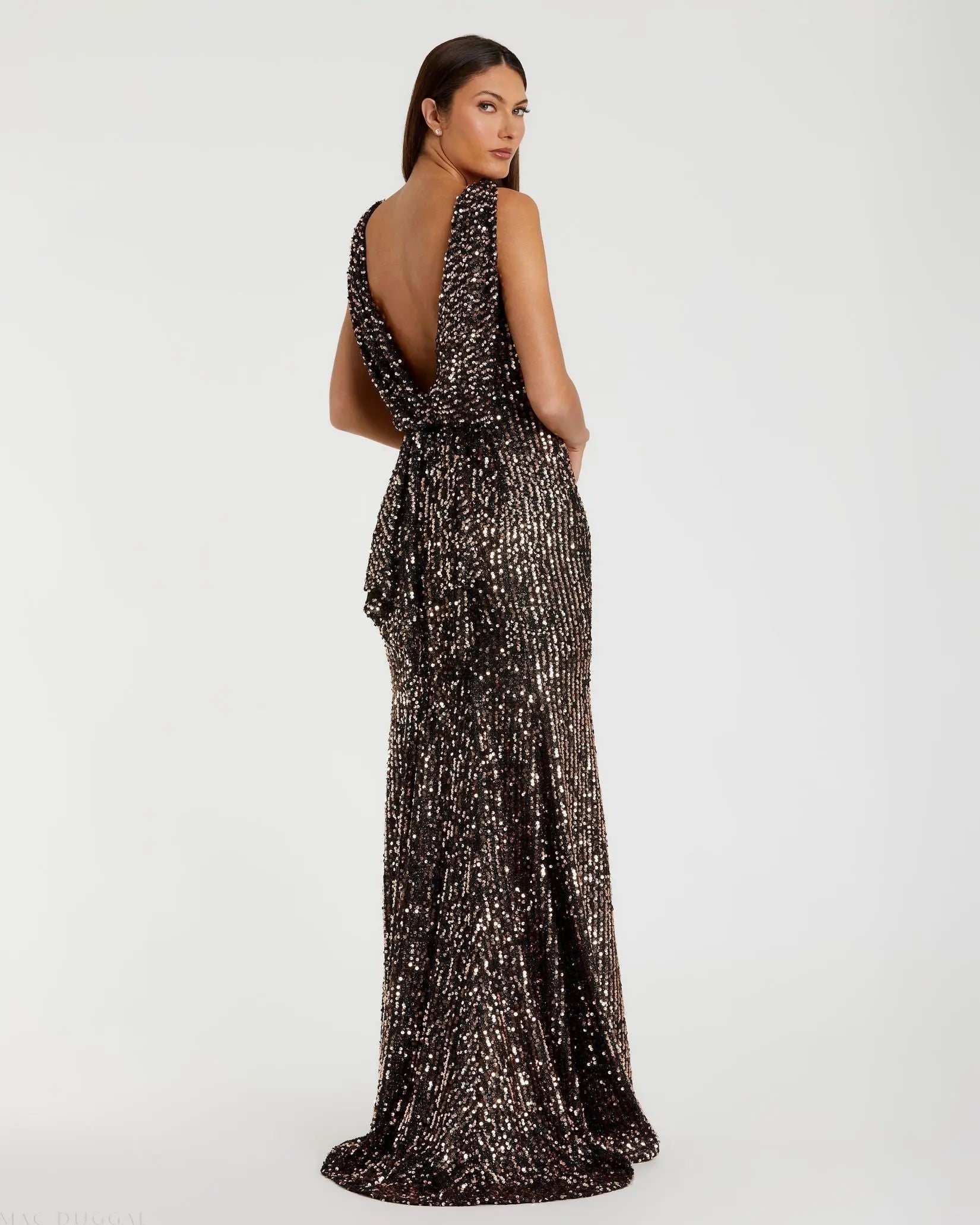 Brown Cowl Back Boat Neck Sequined Evening Gown | Mac Duggal Brown Cowl Back Boat Neck Sequined Evening Gown | Mac Duggal