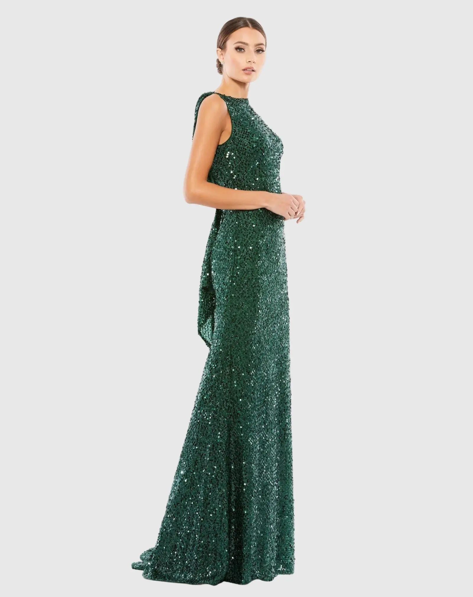 Green Cowl Back Boat Neck Sequined Evening Gown | Mac Duggal Green Cowl Back Boat Neck Sequined Evening Gown | Mac Duggal