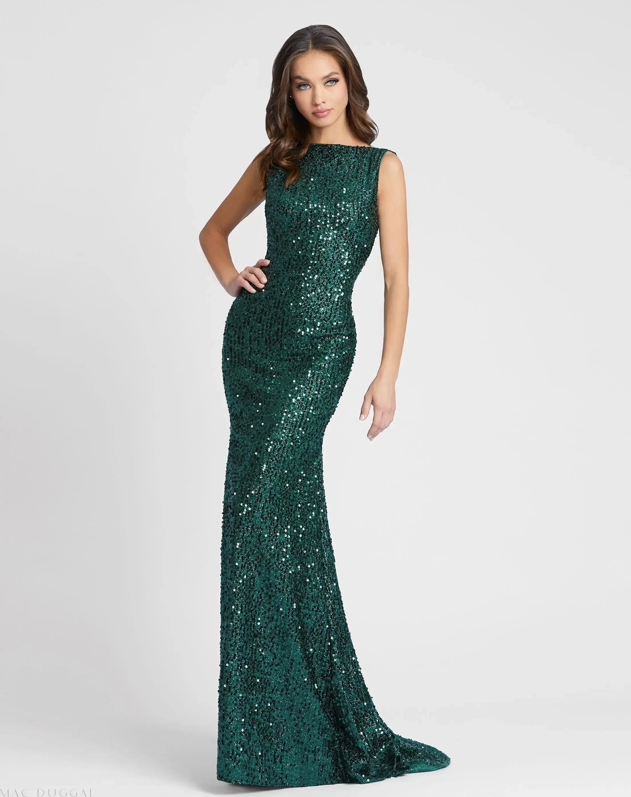 Green Cowl Back Boat Neck Sequined Evening Gown - Mac Duggal