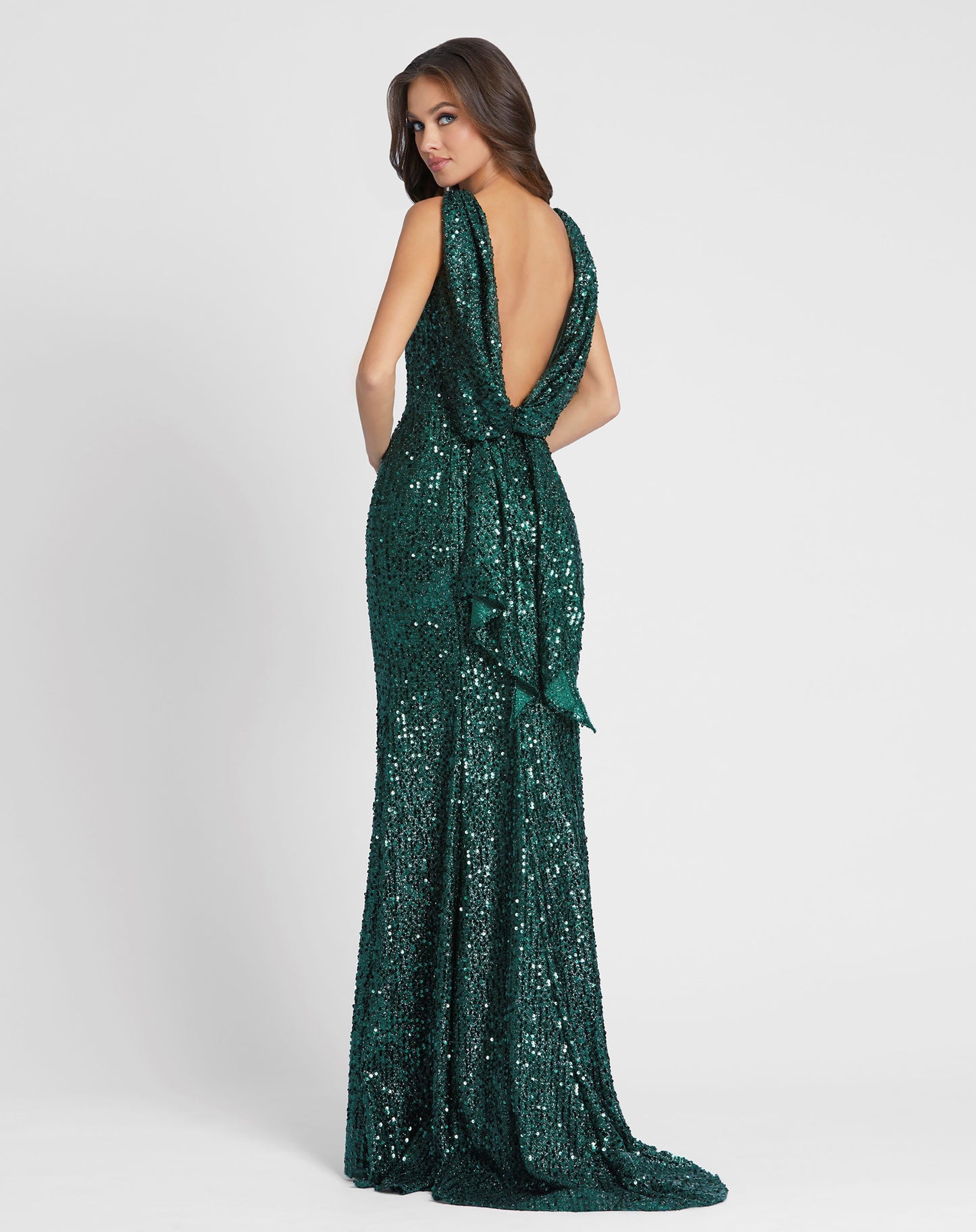 Cowl Back Boat Neck Sequined Evening Gown