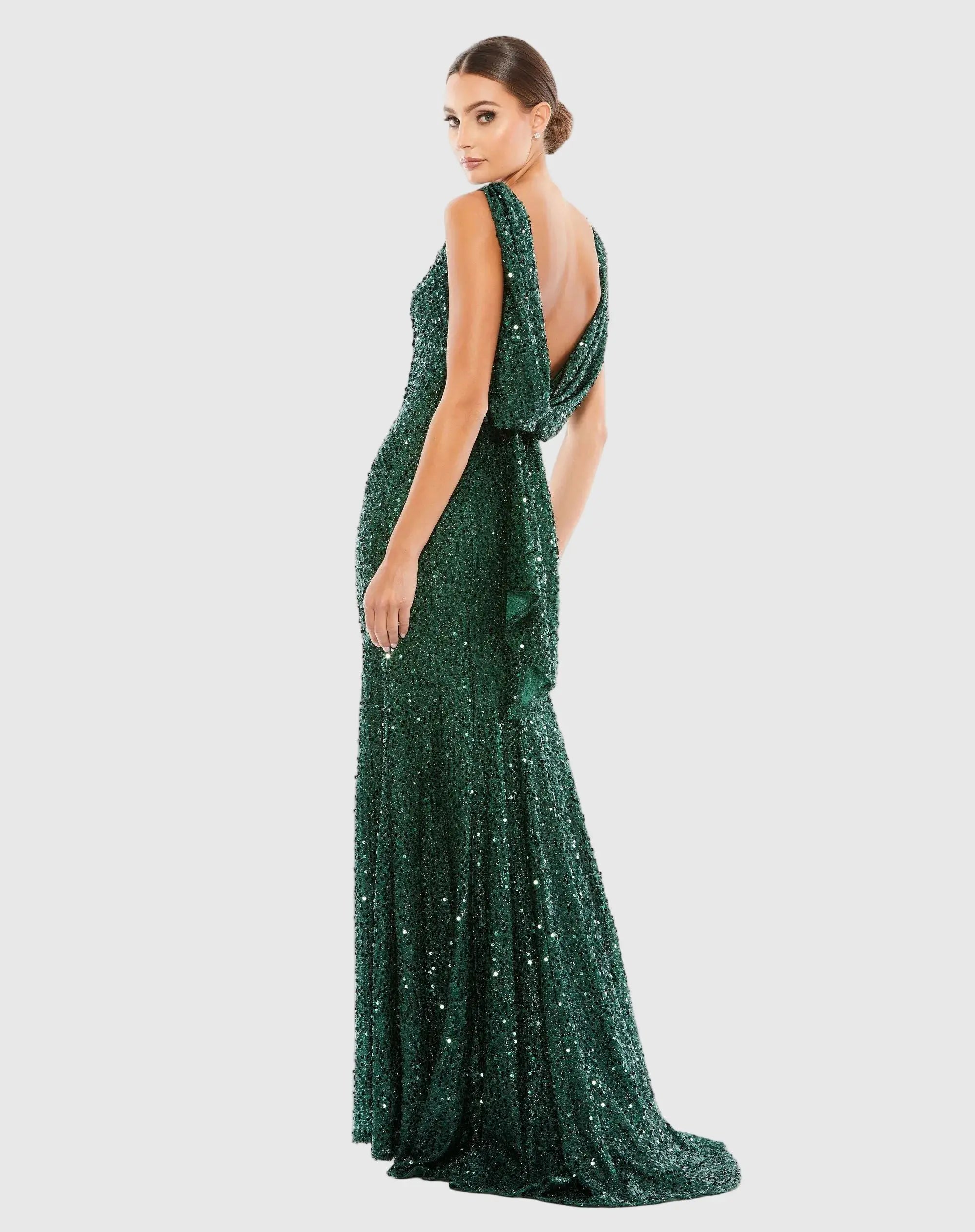 Green Cowl Back Boat Neck Sequined Evening Gown - Mac Duggal