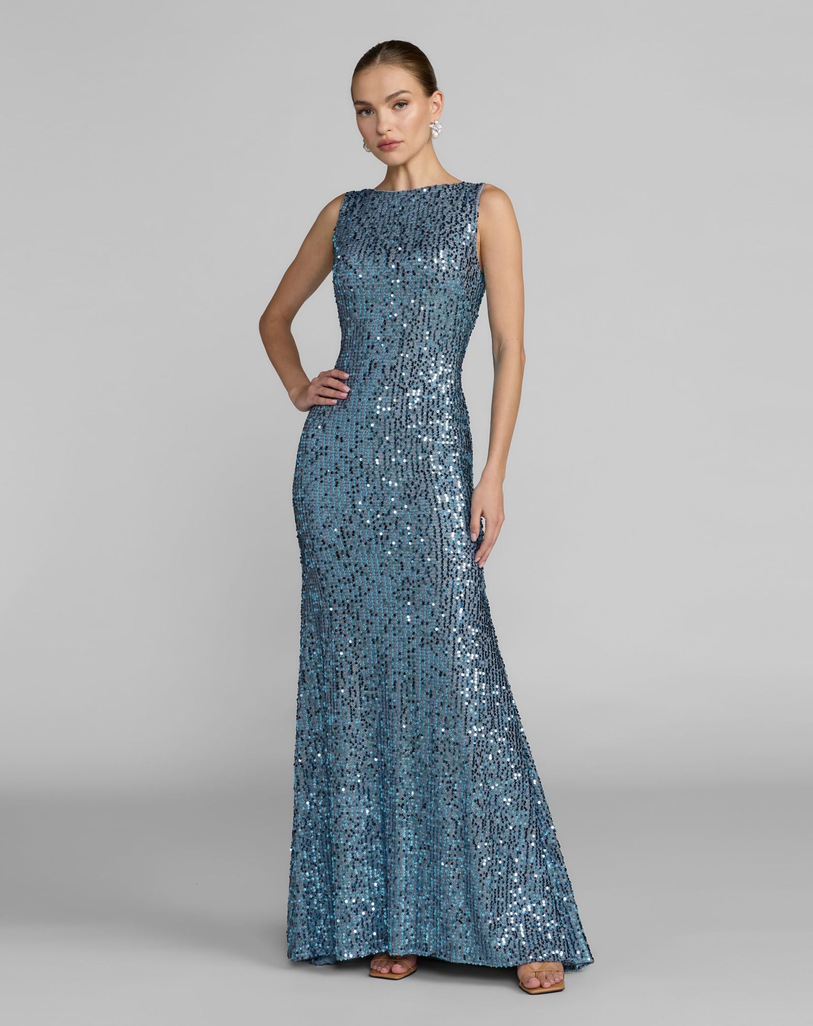 Blue Cowl Back Boat Neck Sequined Evening Gown Ieena for Mac Duggal