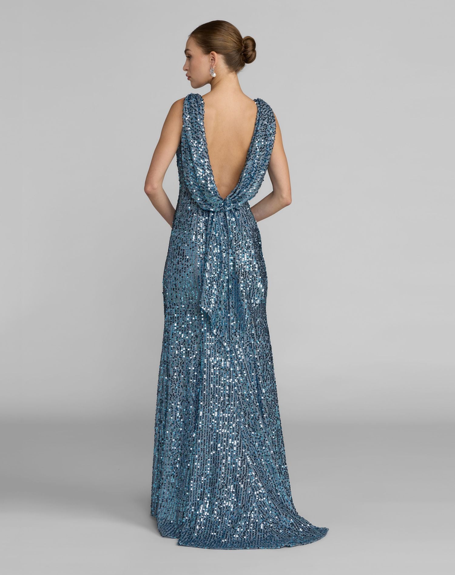 Blue Cowl Back Boat Neck Sequined Evening Gown Ieena for Mac Duggal