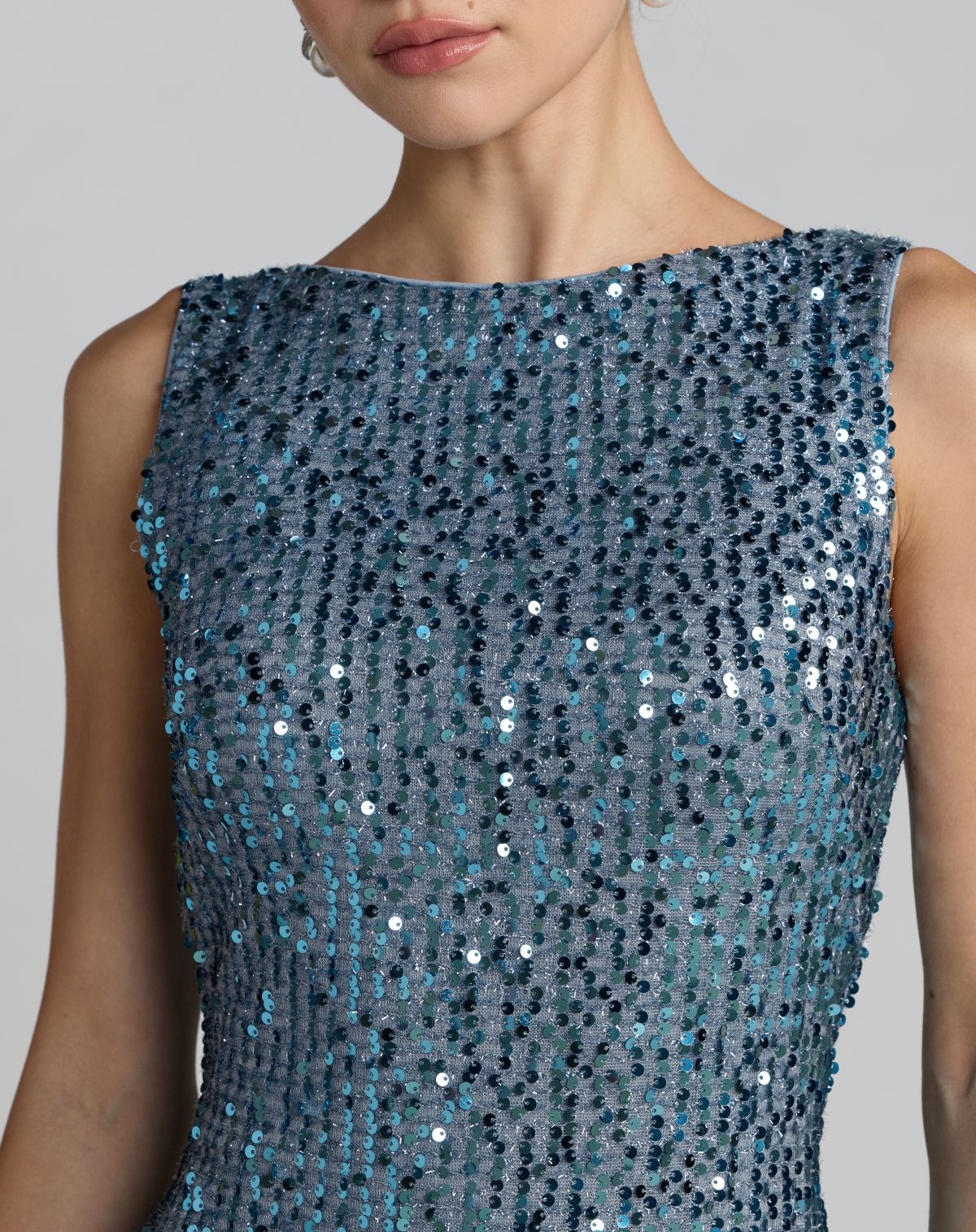 Blue Cowl Back Boat Neck Sequined Evening Gown Ieena for Mac Duggal