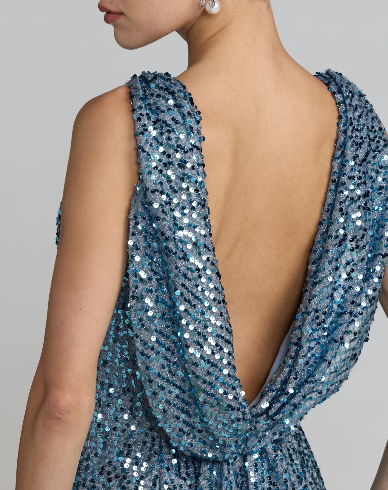 Blue Cowl Back Boat Neck Sequined Evening Gown Ieena for Mac Duggal