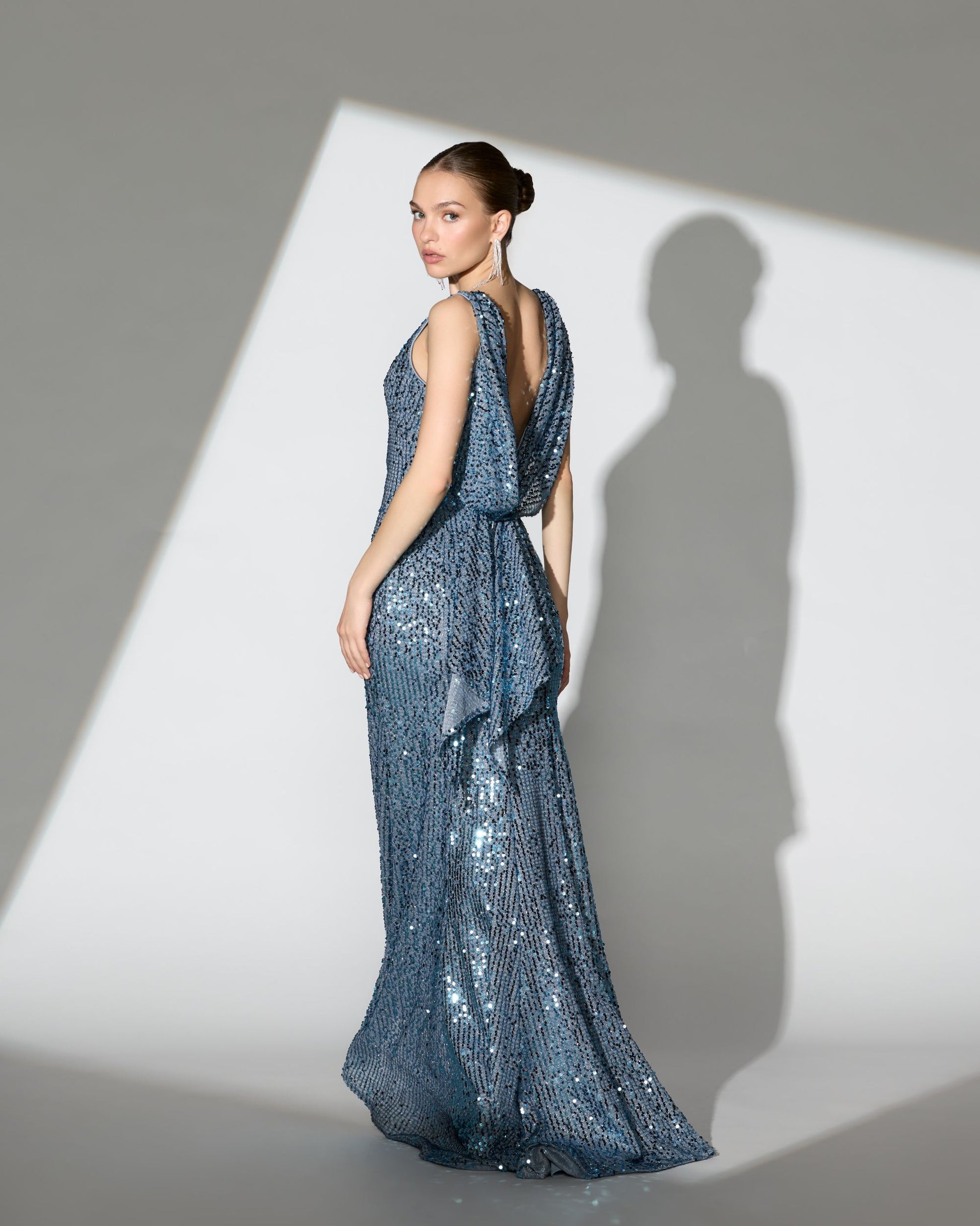 Blue Cowl Back Boat Neck Sequined Evening Gown