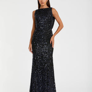 Cowl Back Boat Neck Sequined Evening Gown