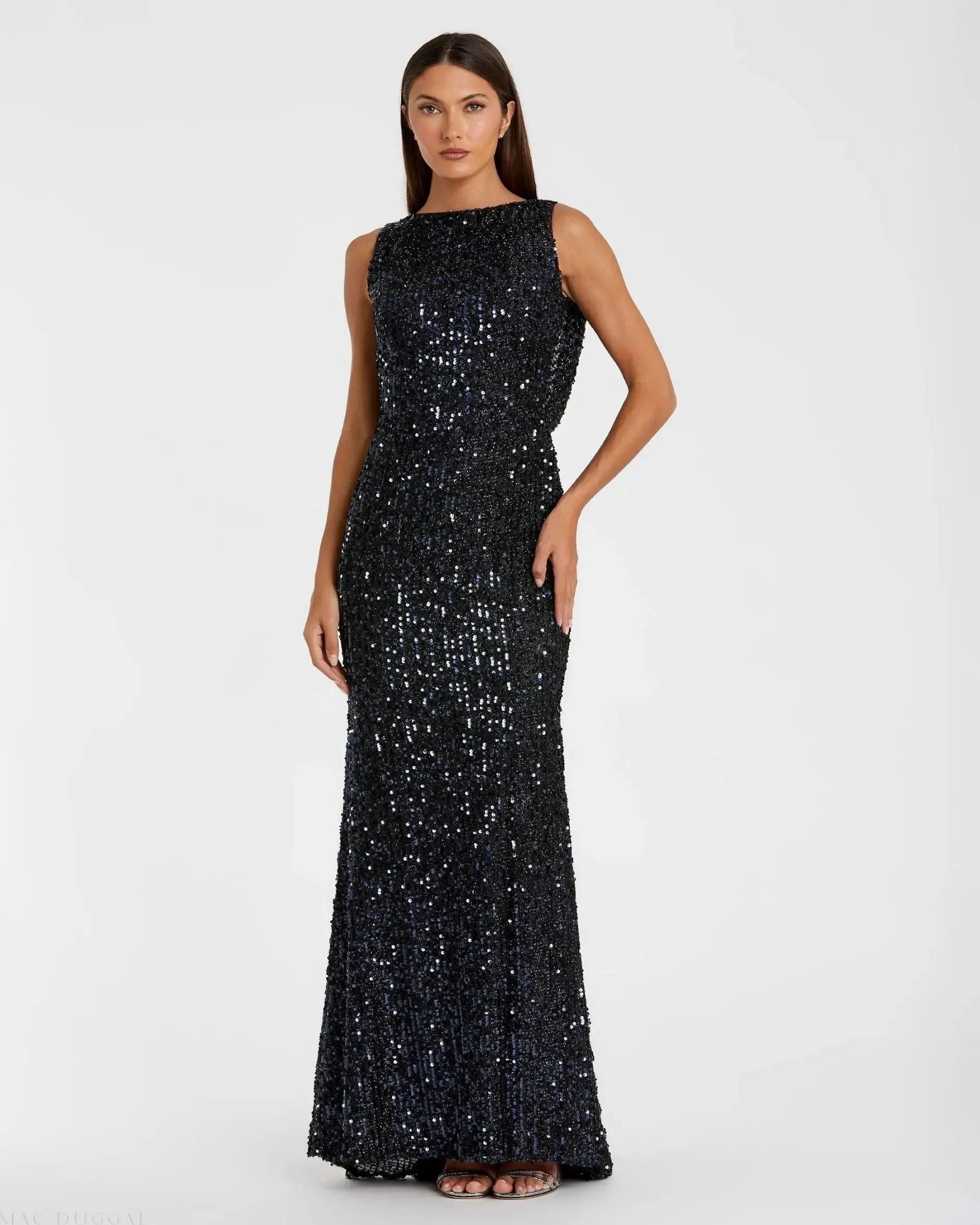 Blue Cowl Back Boat Neck Sequined Evening Gown Ieena for Mac Duggal