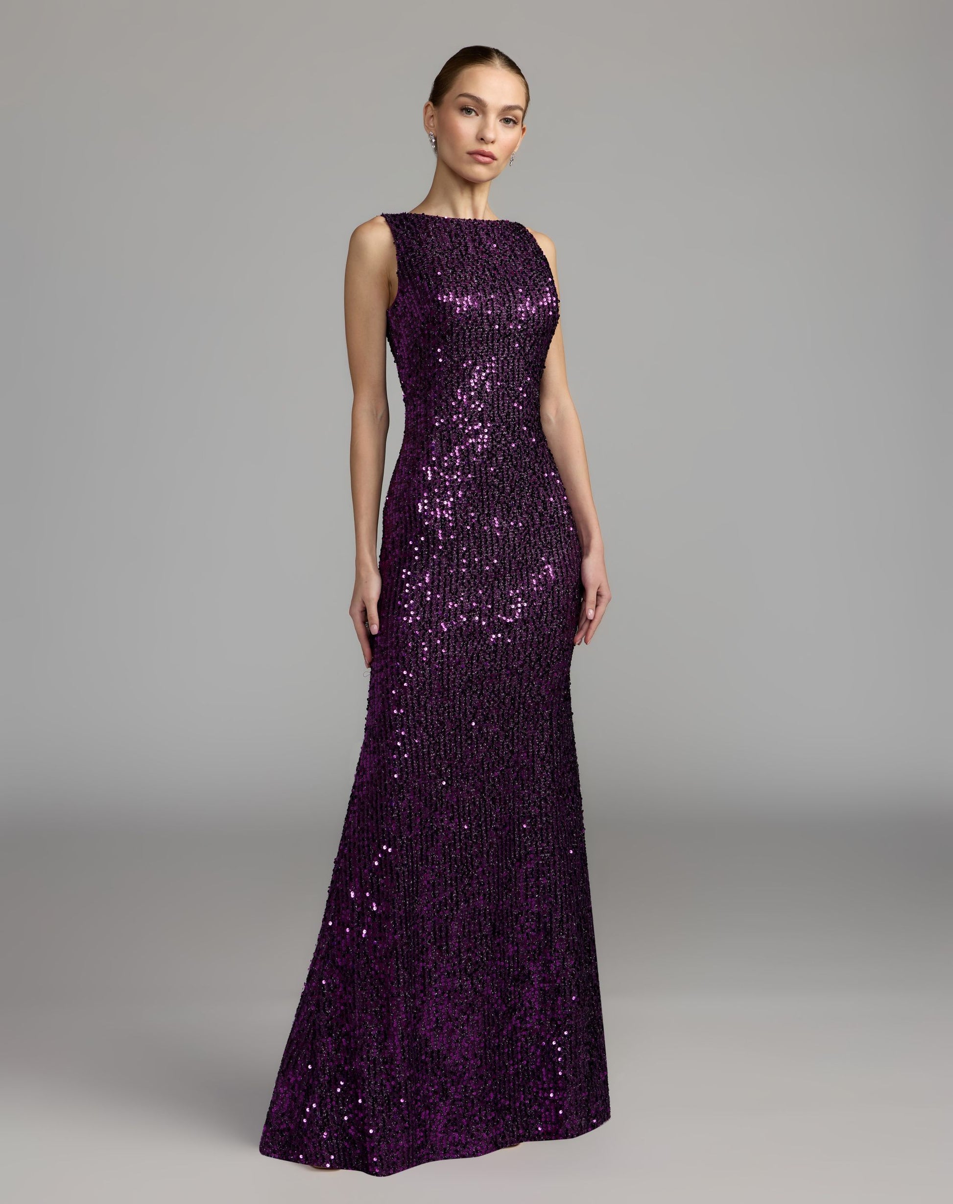 Purple Cowl Back Boat Neck Sequined Evening Gown - Ieena for Mac Duggal