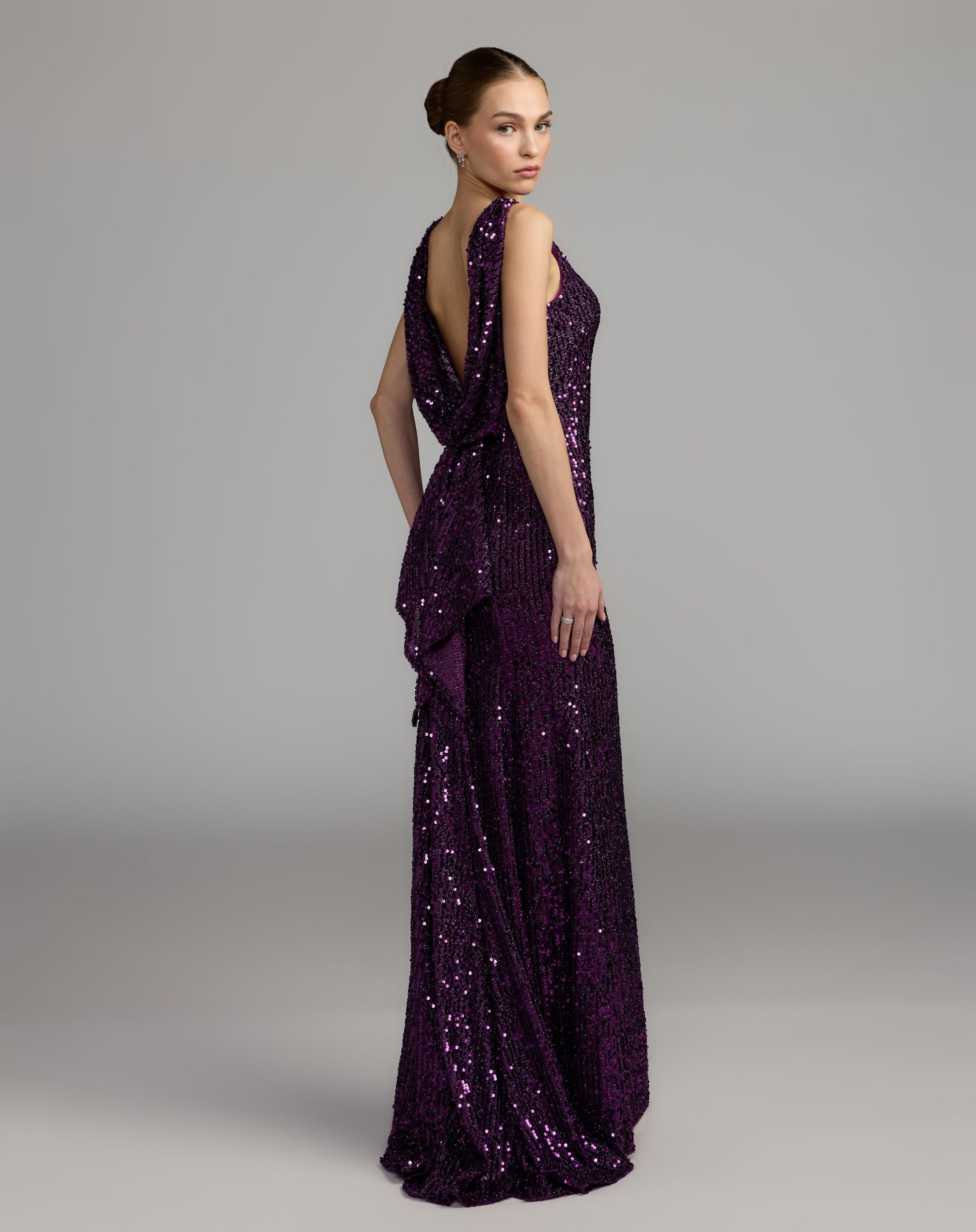 Purple Cowl Back Boat Neck Sequined Evening Gown - Ieena for Mac Duggal
