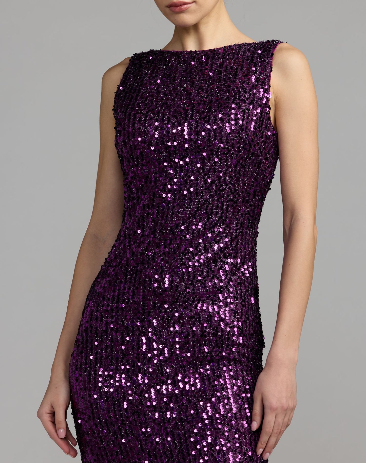 Purple Cowl Back Boat Neck Sequined Evening Gown - Ieena for Mac Duggal