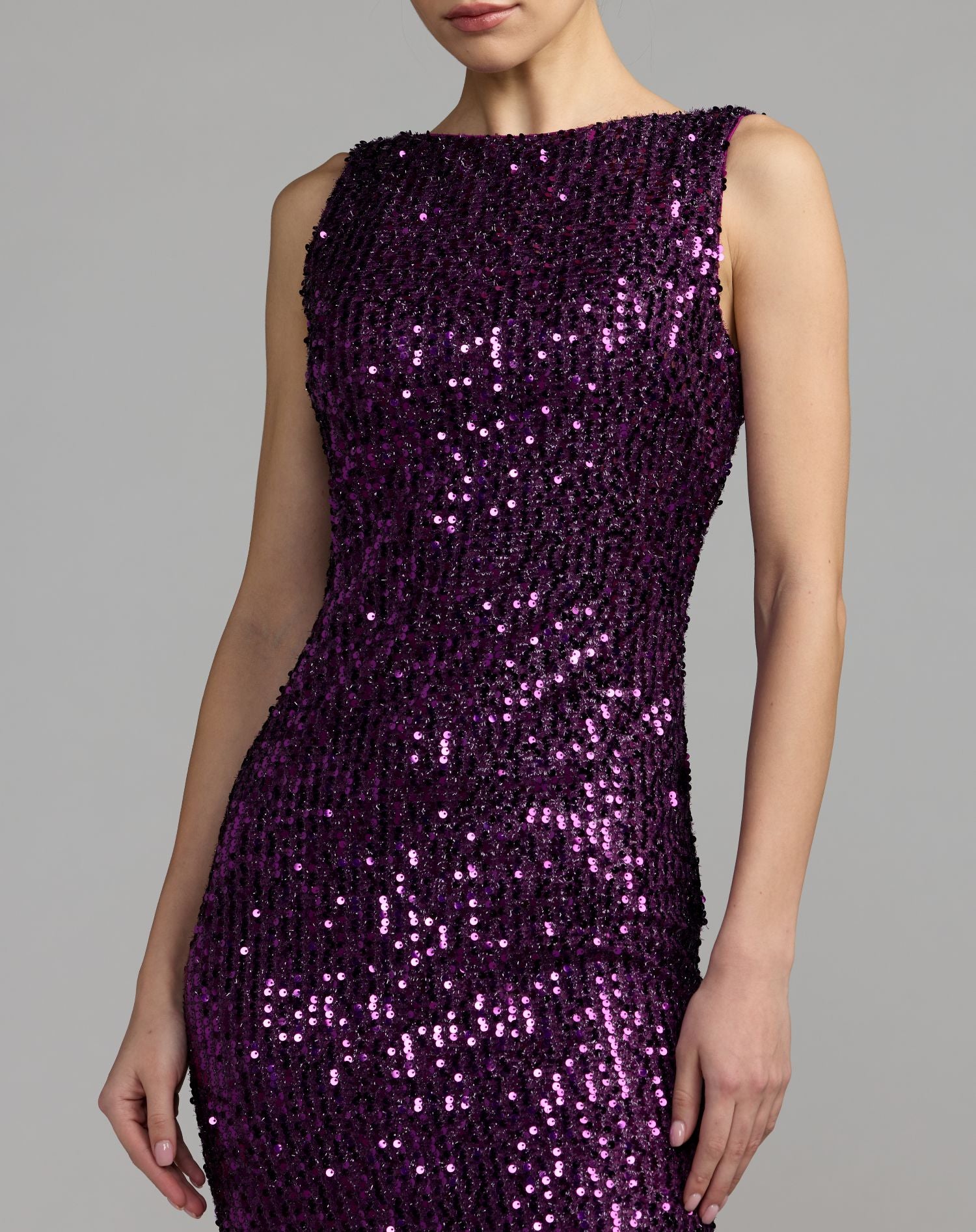 Purple Cowl Back Boat Neck Sequined Evening Gown - Ieena for Mac Duggal