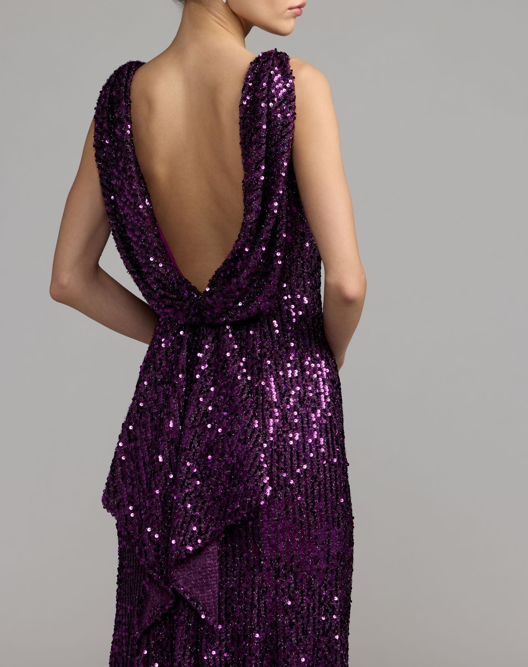 Purple Cowl Back Boat Neck Sequined Evening Gown - Ieena for Mac Duggal