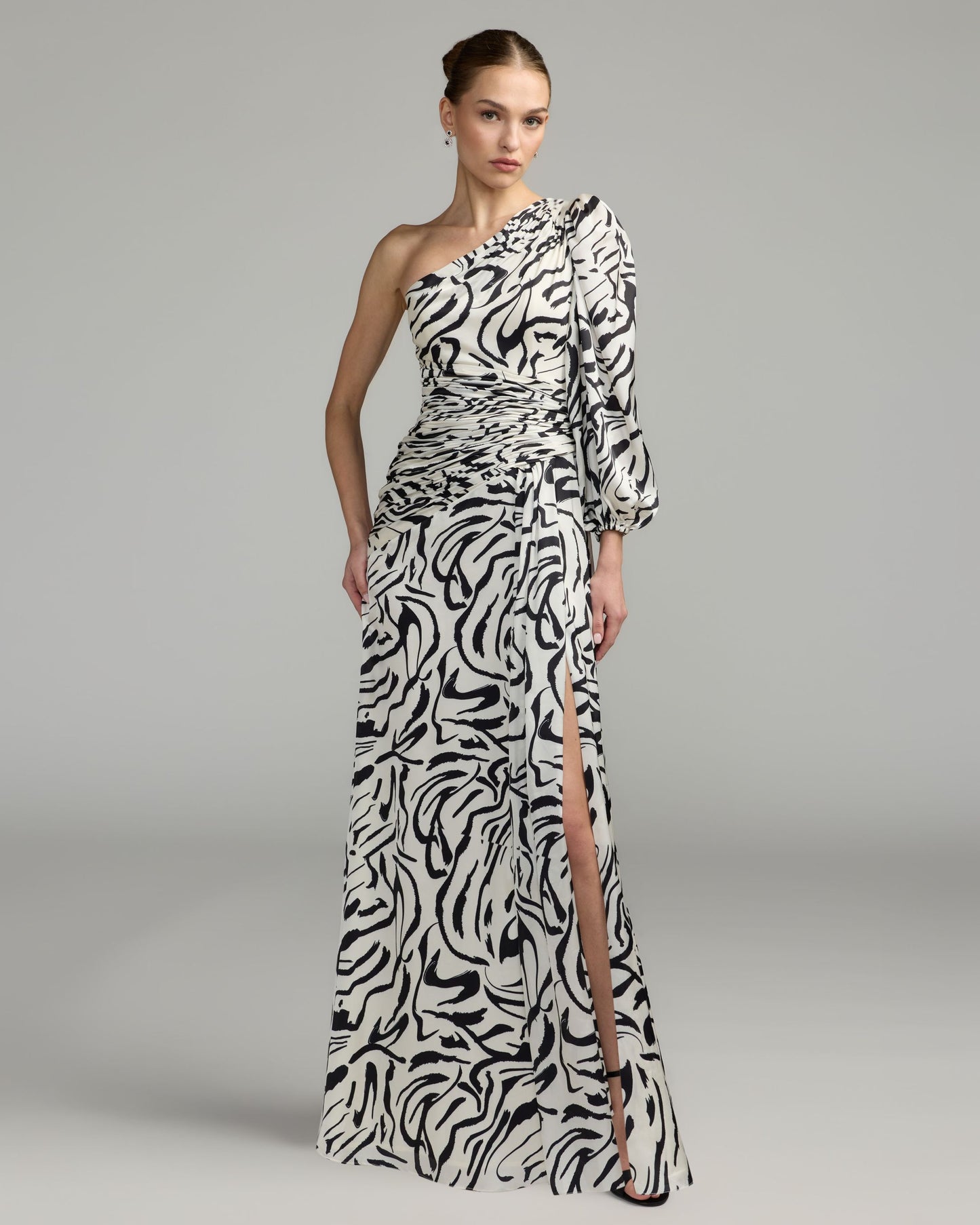 White Abstract Print One Shoulder Charmeuse Gown With Slit - Ieena for Mac Duggal