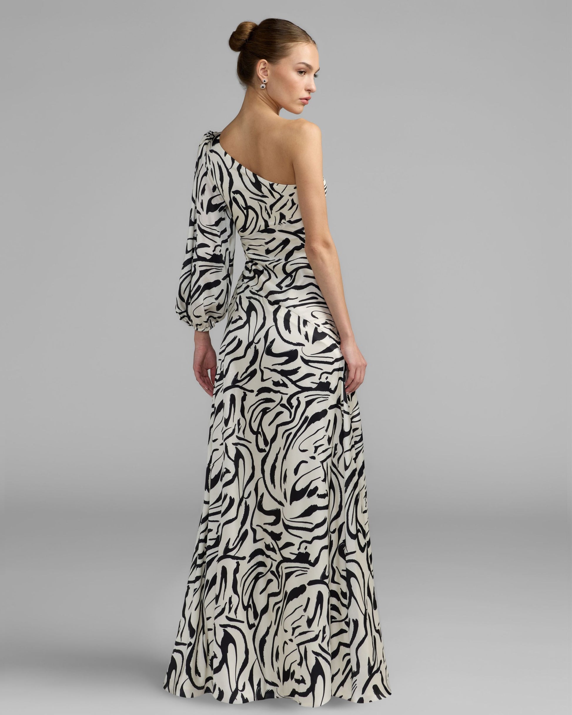 White Abstract Print One Shoulder Charmeuse Gown With Slit - Ieena for Mac Duggal