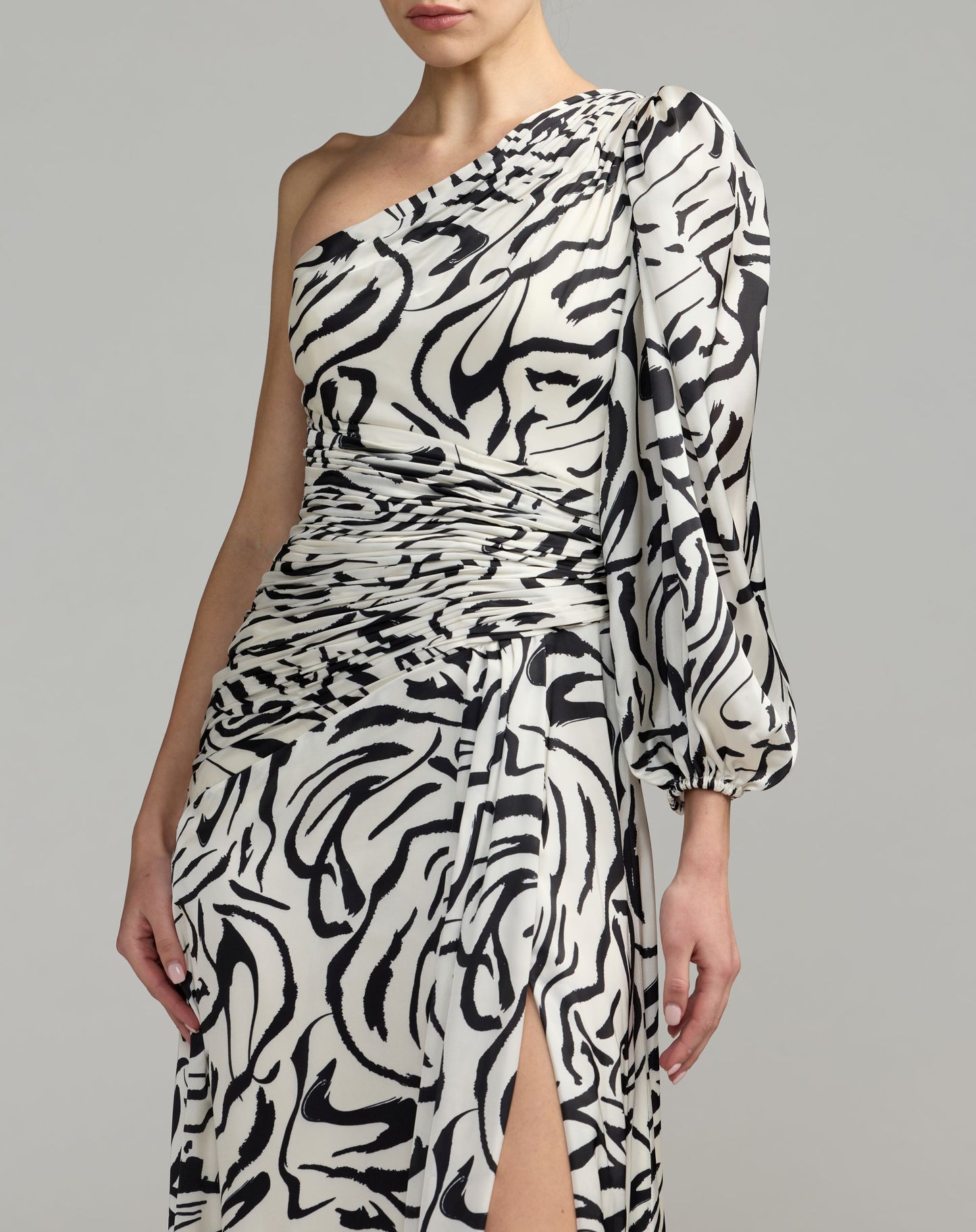 White Abstract Print One Shoulder Charmeuse Gown With Slit - Ieena for Mac Duggal