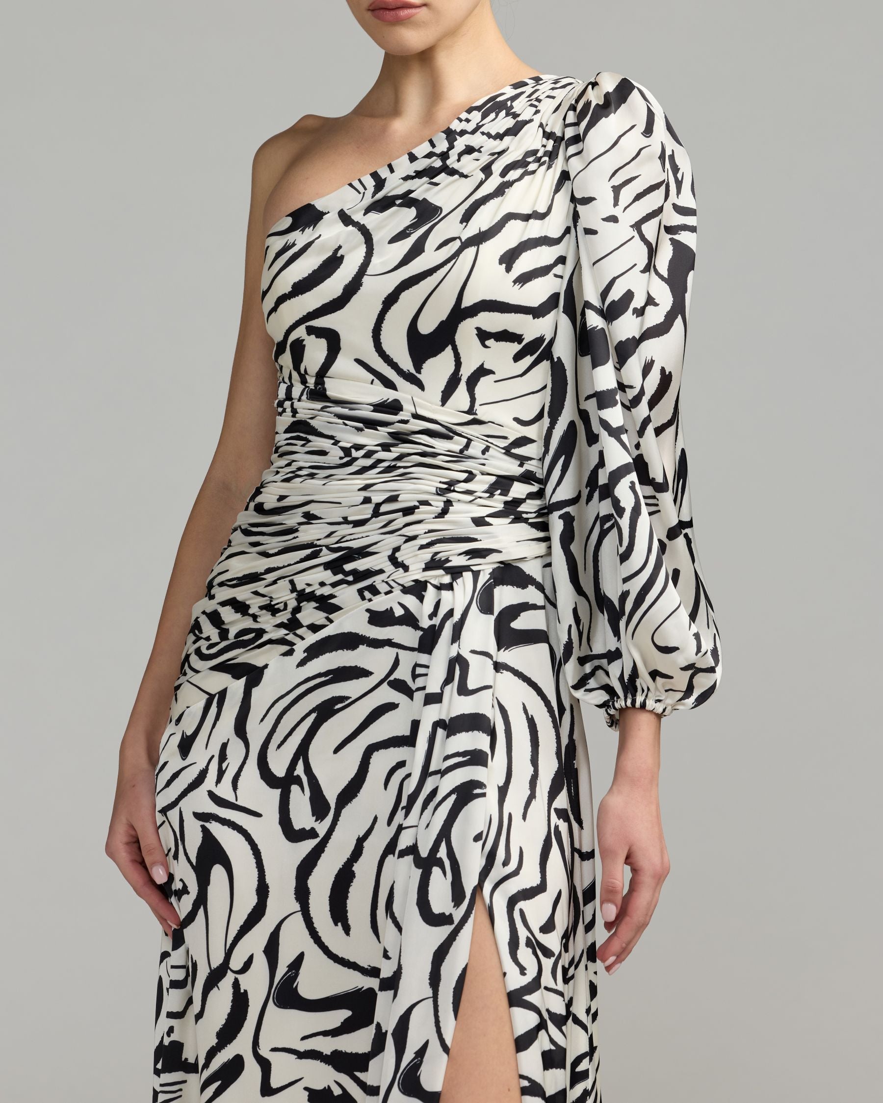White Abstract Print One Shoulder Charmeuse Gown With Slit - Ieena for Mac Duggal