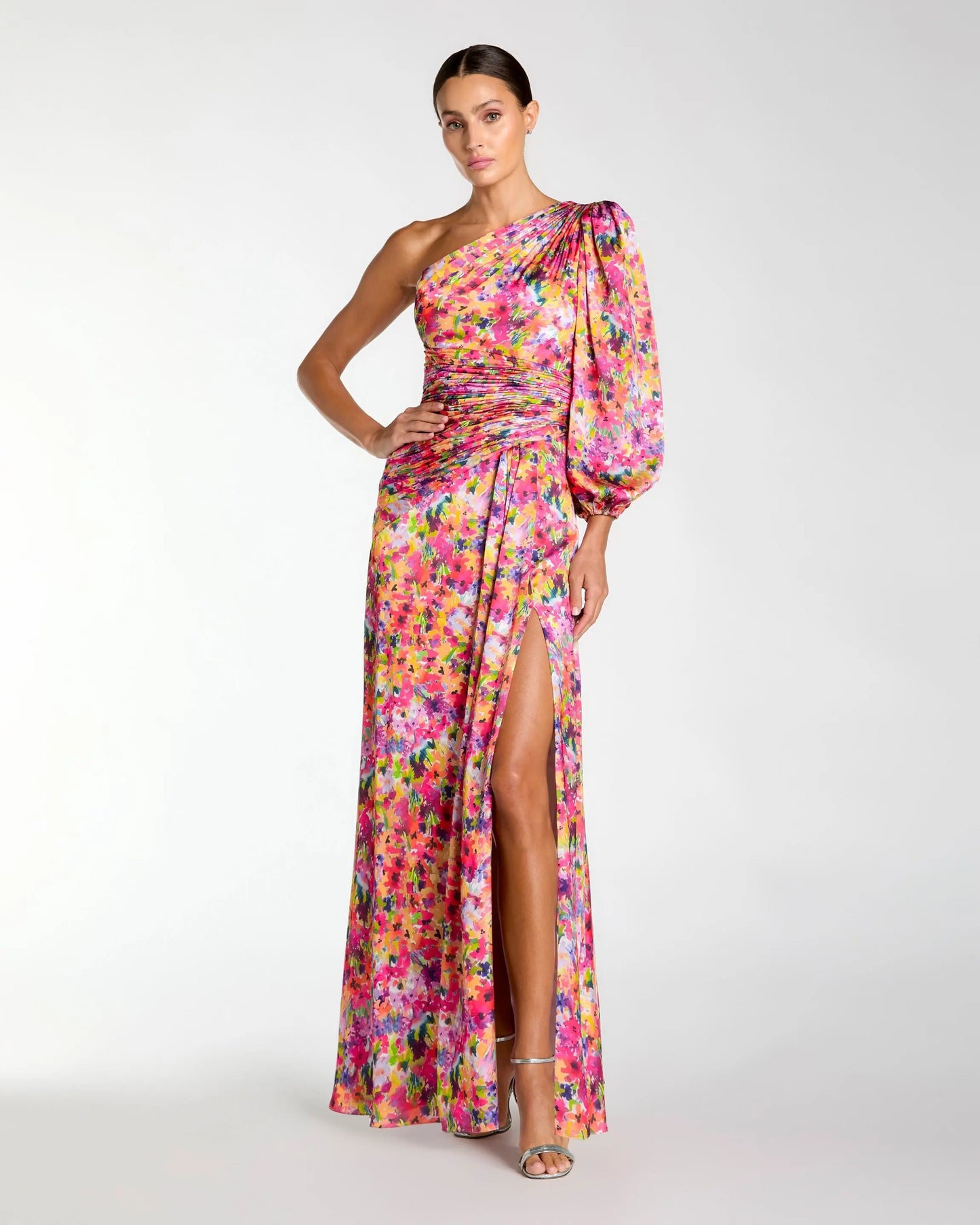 Multicolor One Sleeve Floral Print Charmeuse Gown With Slit Ieena for Mac Duggal