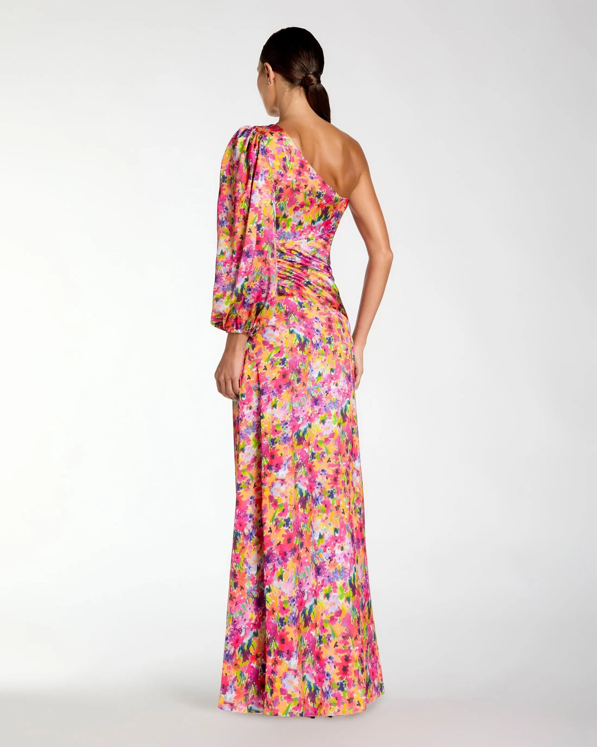 Multicolor One Sleeve Floral Print Charmeuse Gown With Slit Ieena for Mac Duggal