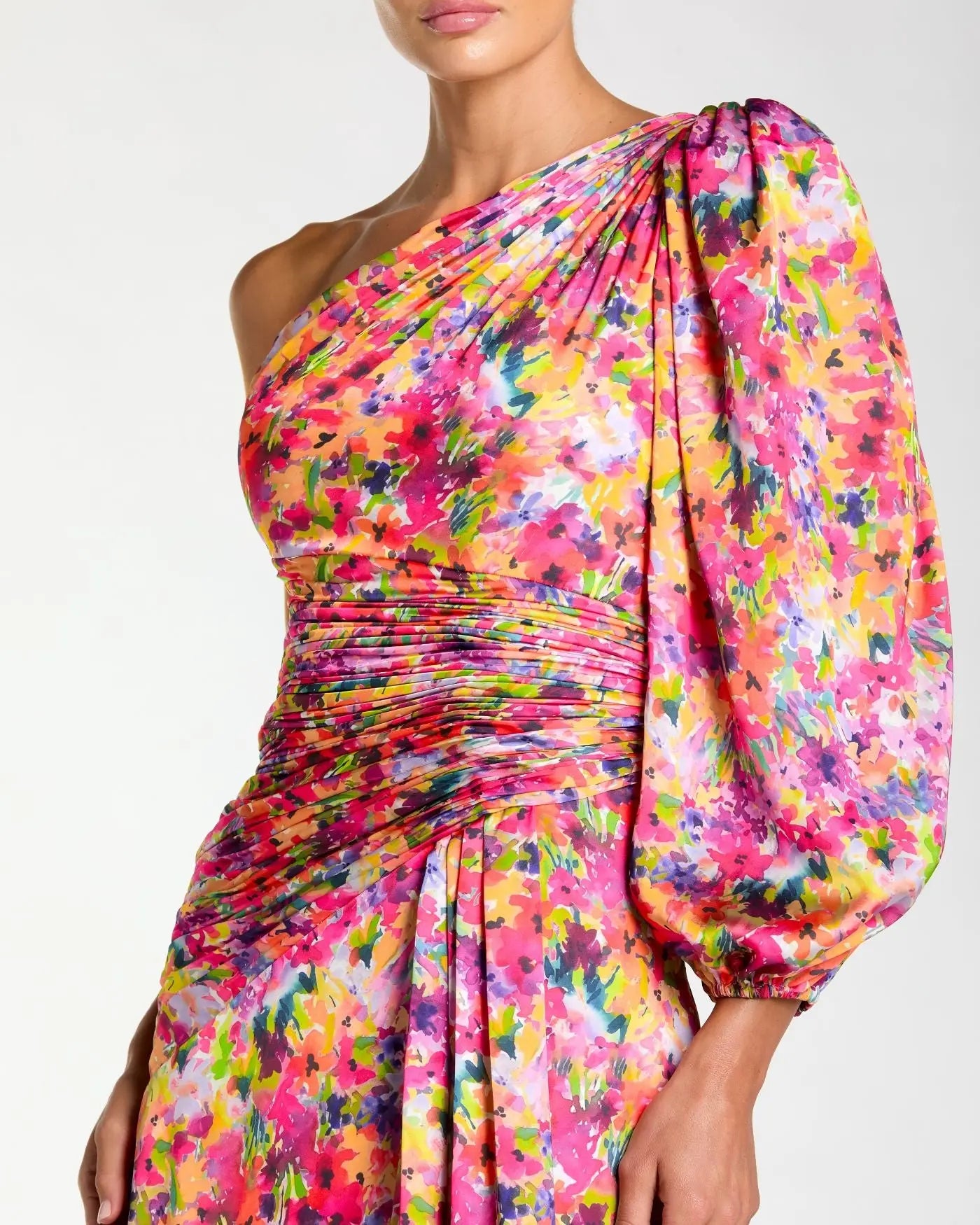 Multicolor One Sleeve Floral Print Charmeuse Gown With Slit Ieena for Mac Duggal