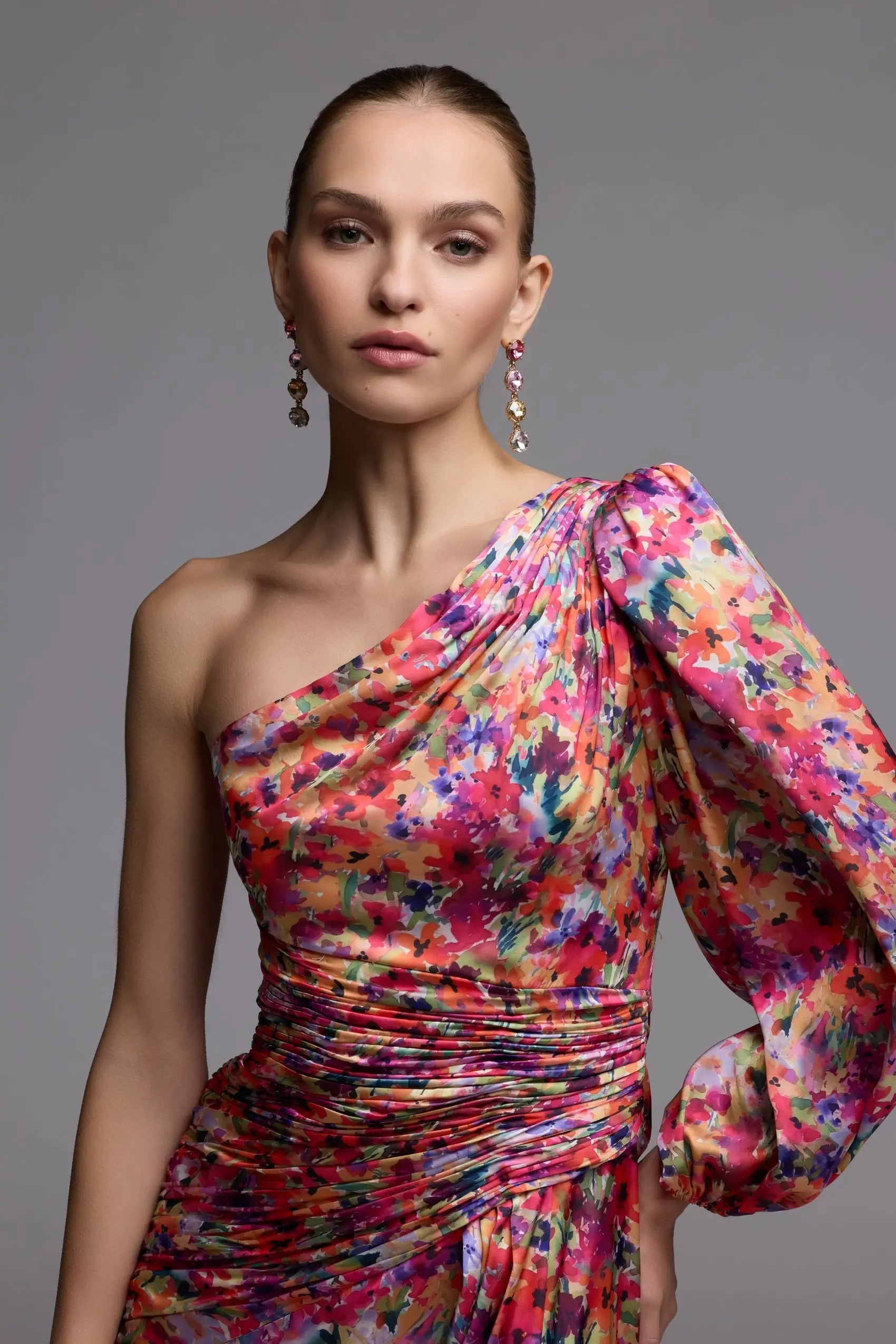 Multicolor One Sleeve Floral Print Charmeuse Gown With Slit Ieena for Mac Duggal
