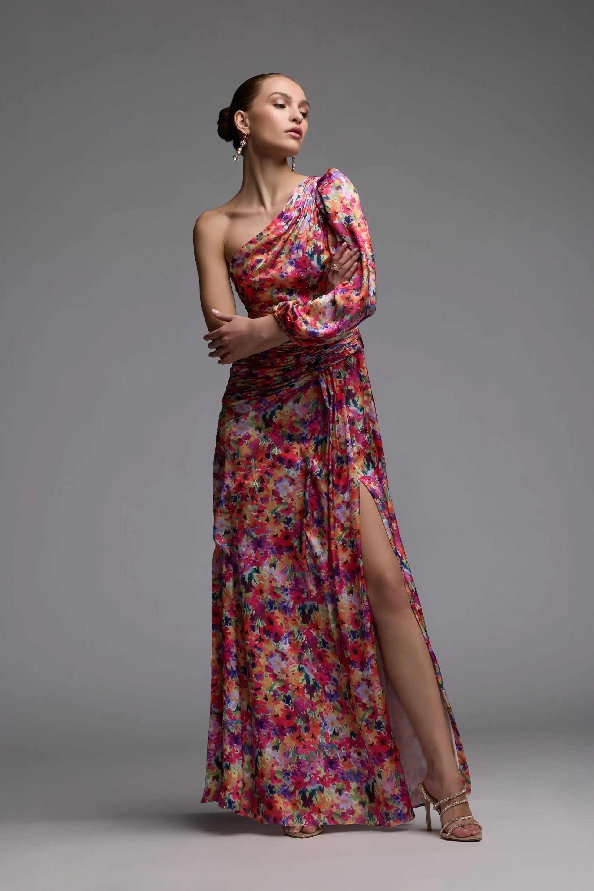 Multicolor One Sleeve Floral Print Charmeuse Gown With Slit Ieena for Mac Duggal
