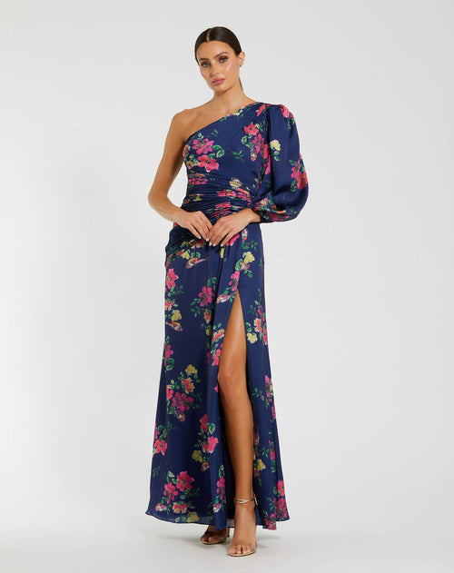 Navy Floral One-Sleeve Charmeuse Gown with Slit - Ieena for Mac Duggal