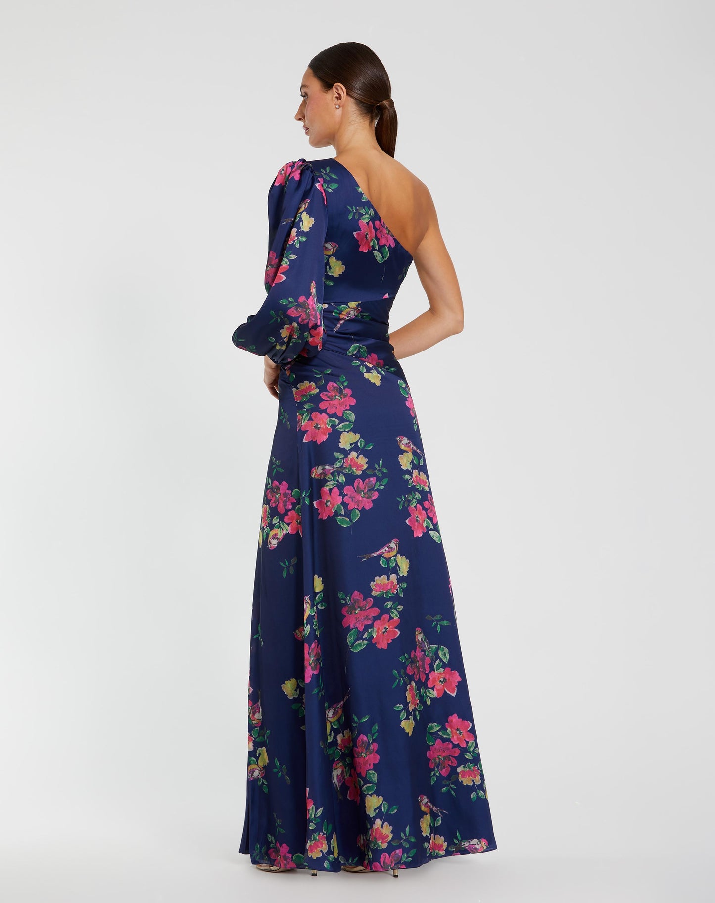 Navy Floral One-Sleeve Charmeuse Gown with Slit - Ieena for Mac Duggal