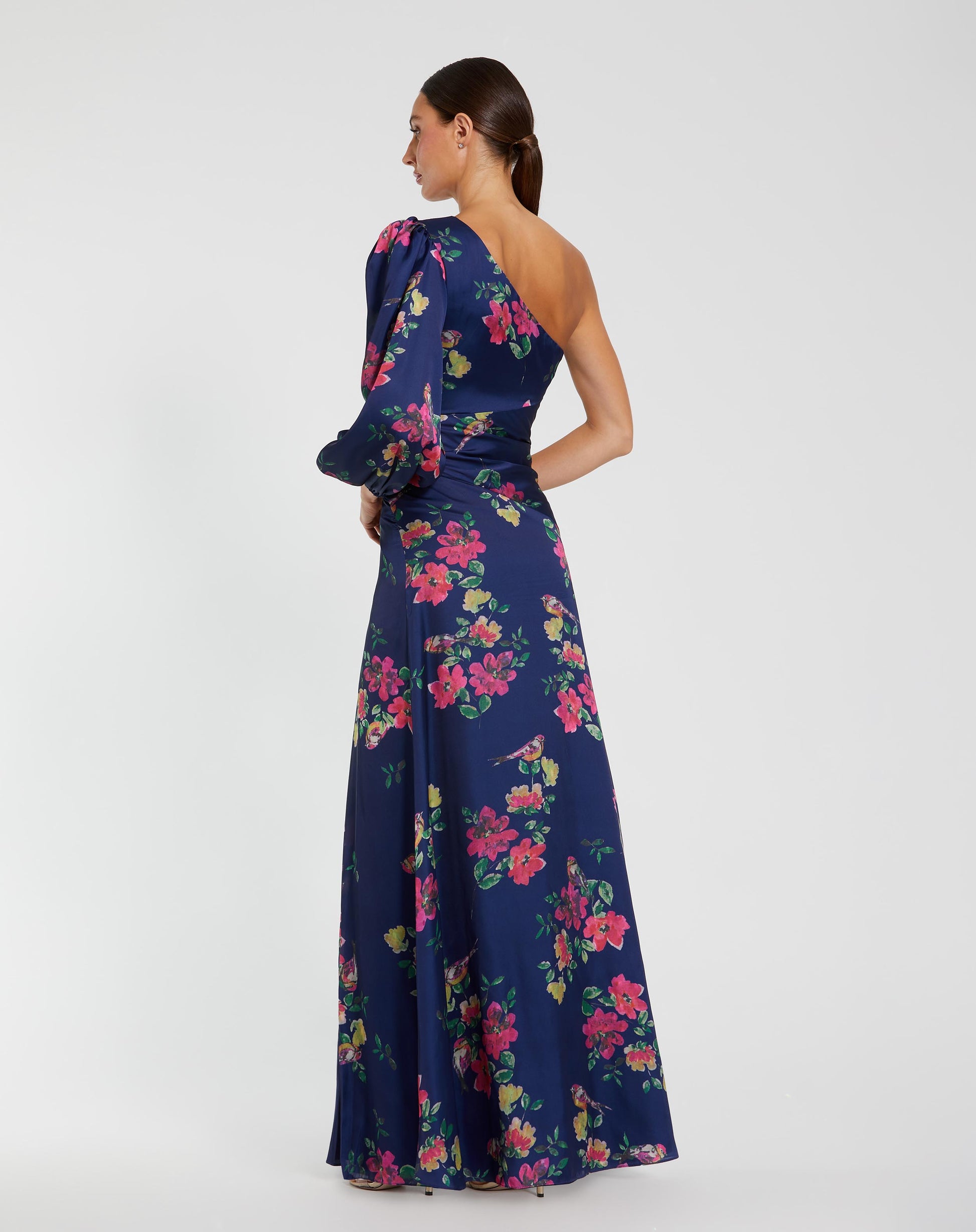 Navy Floral One-Sleeve Charmeuse Gown with Slit - Ieena for Mac Duggal