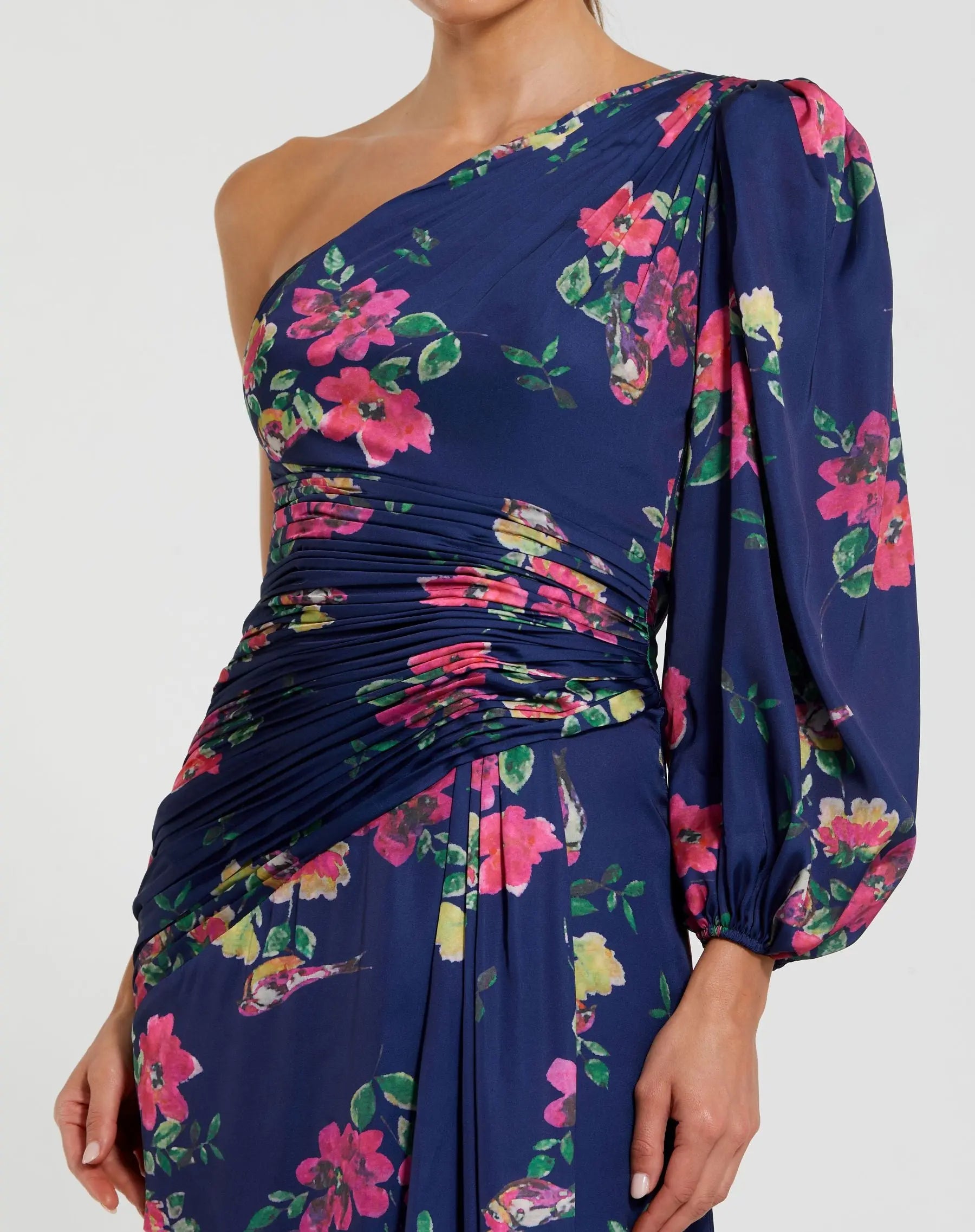 Ieena for Mac Duggal - Navy One Sleeve Floral Print Charmeuse Gown with Slit